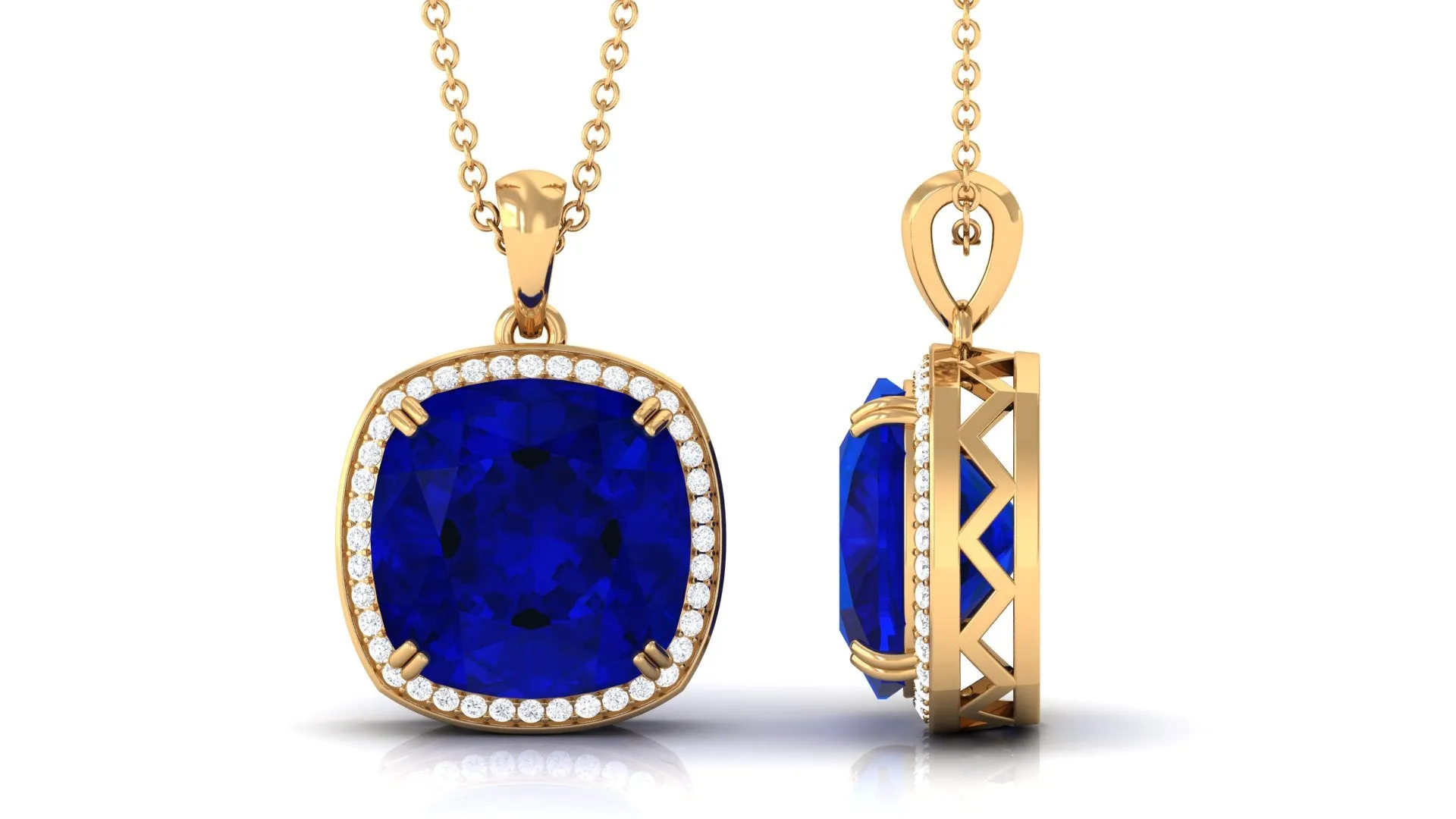 Cushion Cut Created Blue Sapphire and Diamond Halo Pendant Necklace