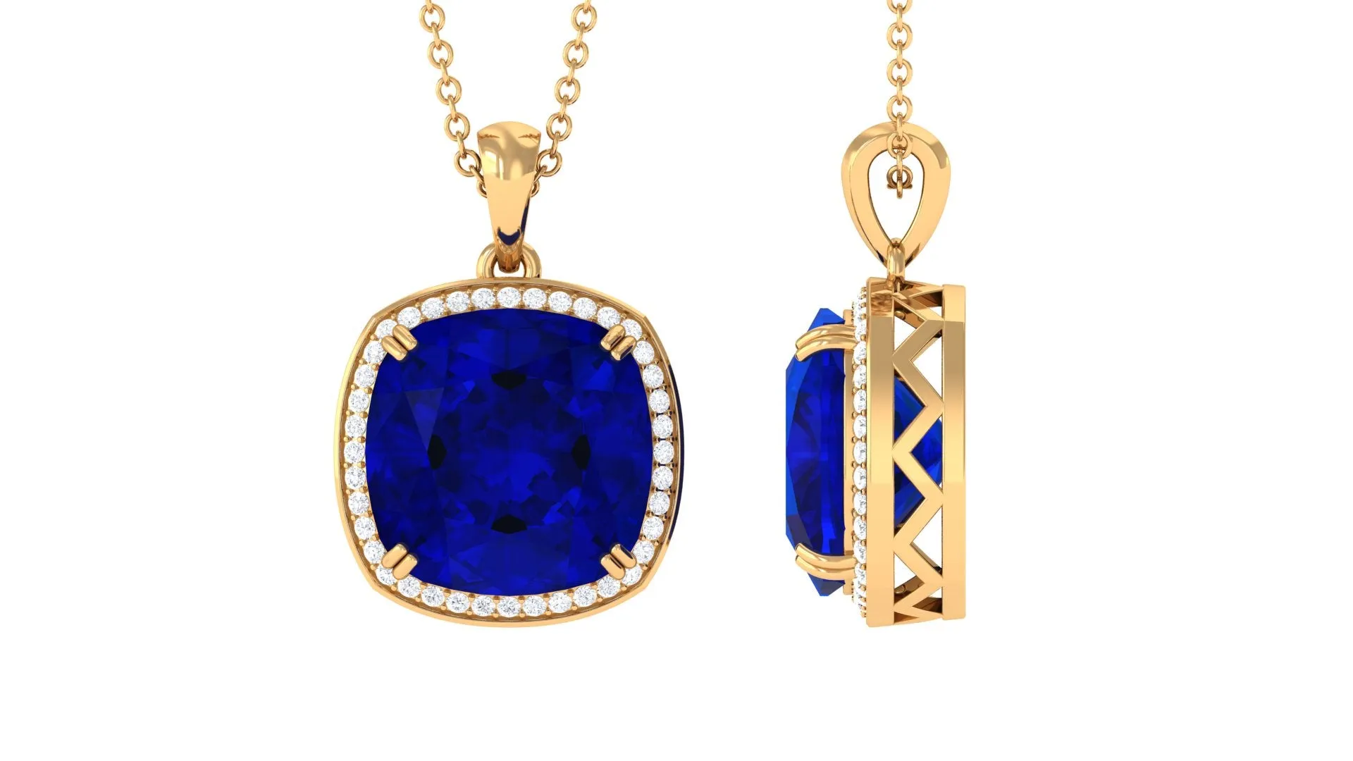 Cushion Cut Created Blue Sapphire and Diamond Halo Pendant Necklace