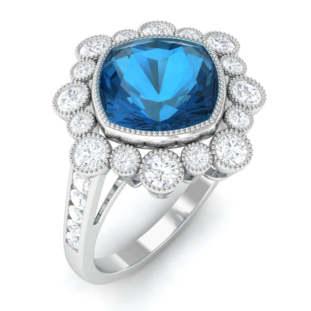 Cushion Cut London Blue Topaz Cocktail Engagement Ring with Diamond Halo