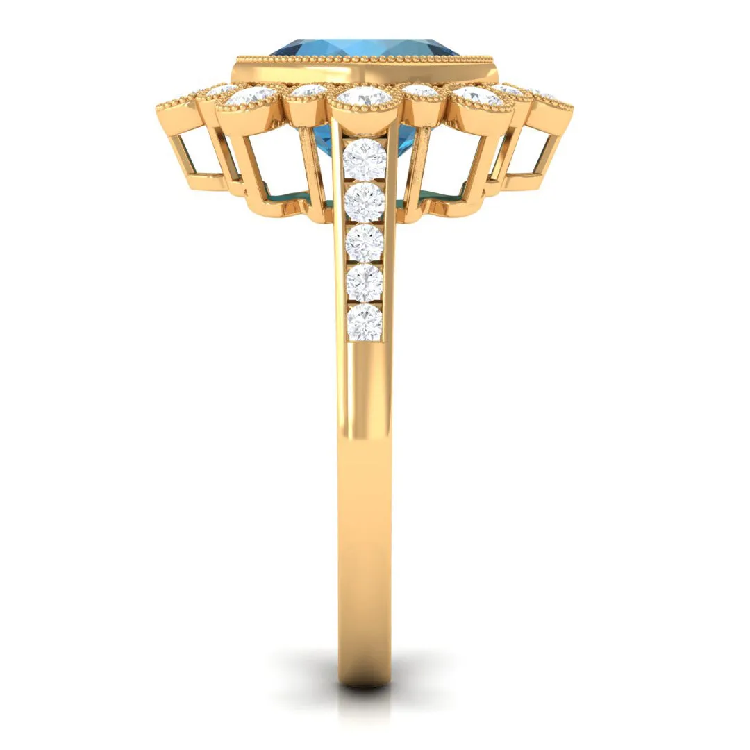 Cushion Cut London Blue Topaz Cocktail Engagement Ring with Diamond Halo