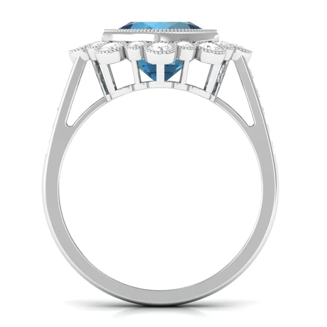 Cushion Cut London Blue Topaz Cocktail Engagement Ring with Diamond Halo