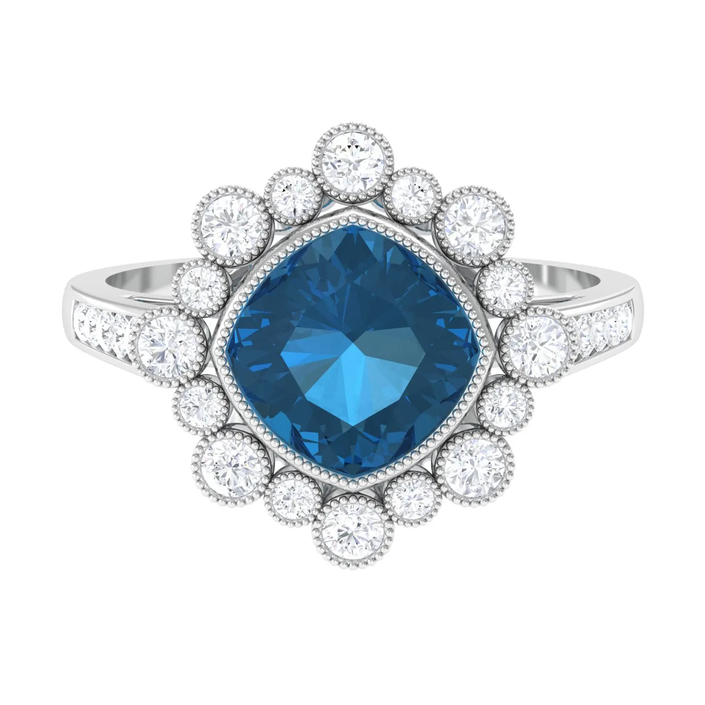 Cushion Cut London Blue Topaz Cocktail Engagement Ring with Diamond Halo