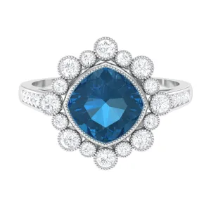 Cushion Cut London Blue Topaz Cocktail Engagement Ring with Diamond Halo
