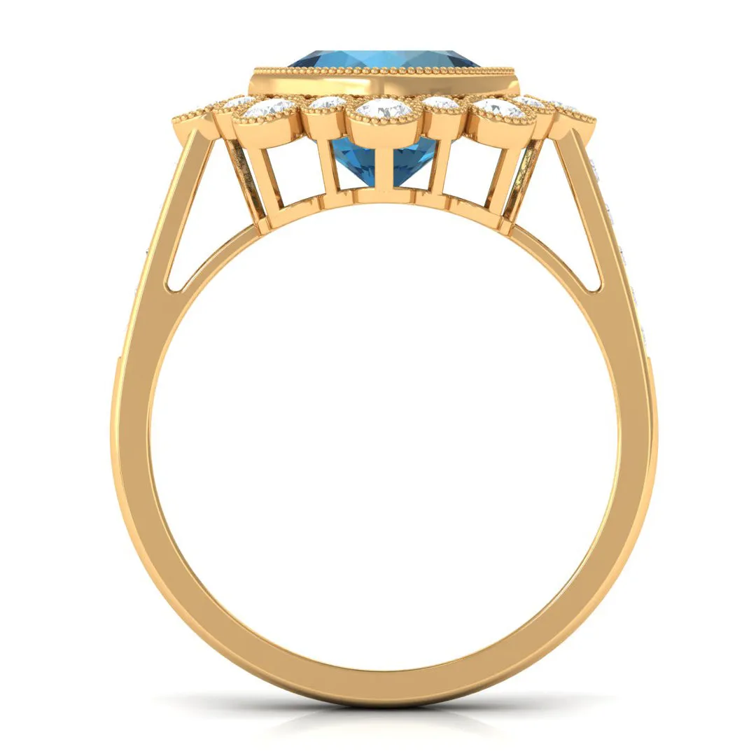 Cushion Cut London Blue Topaz Cocktail Engagement Ring with Diamond Halo