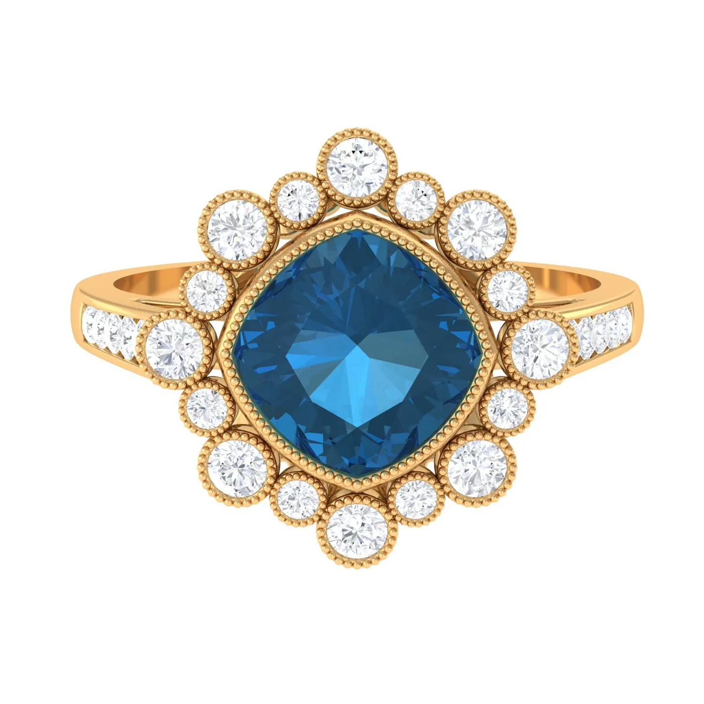 Cushion Cut London Blue Topaz Cocktail Engagement Ring with Diamond Halo