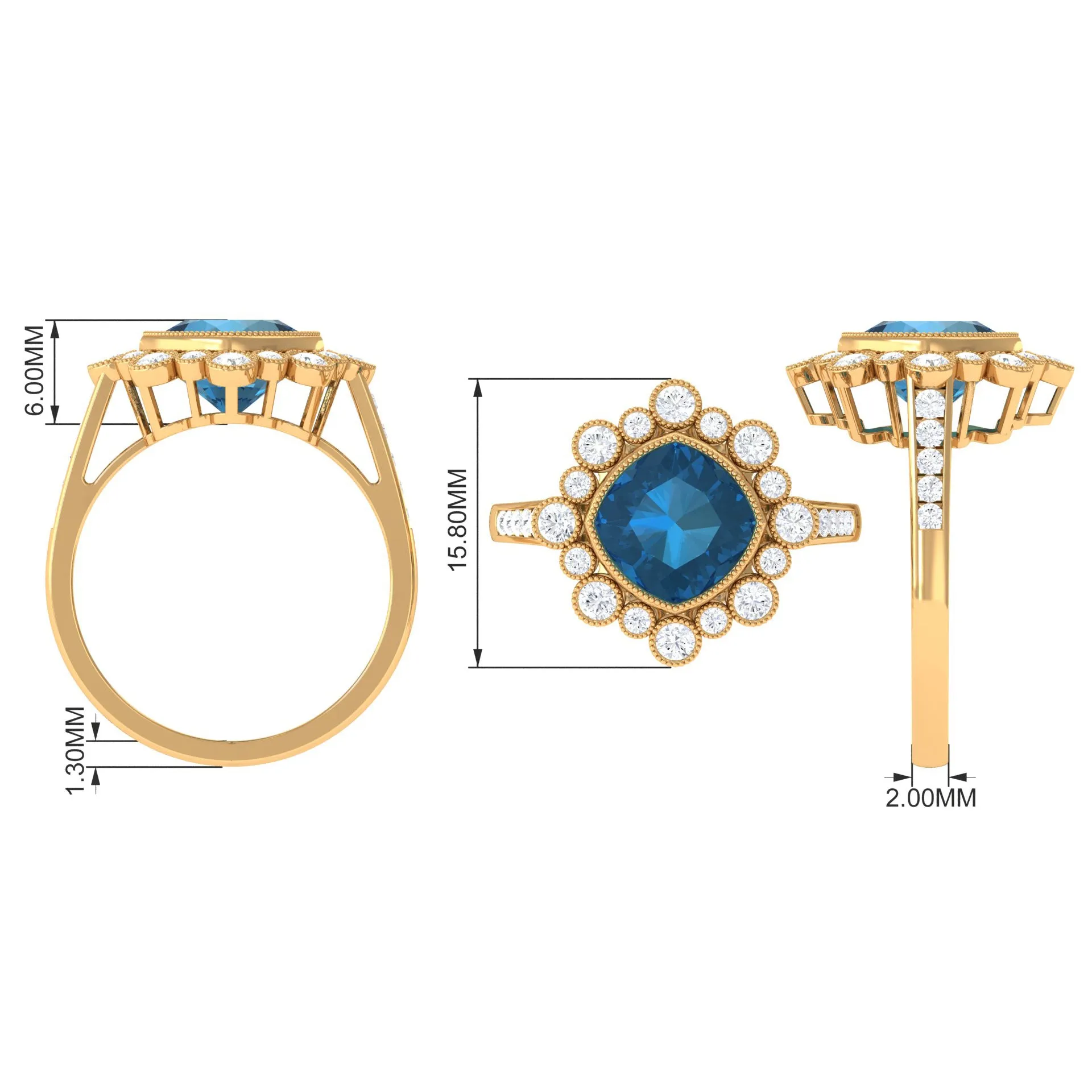 Cushion Cut London Blue Topaz Cocktail Engagement Ring with Diamond Halo
