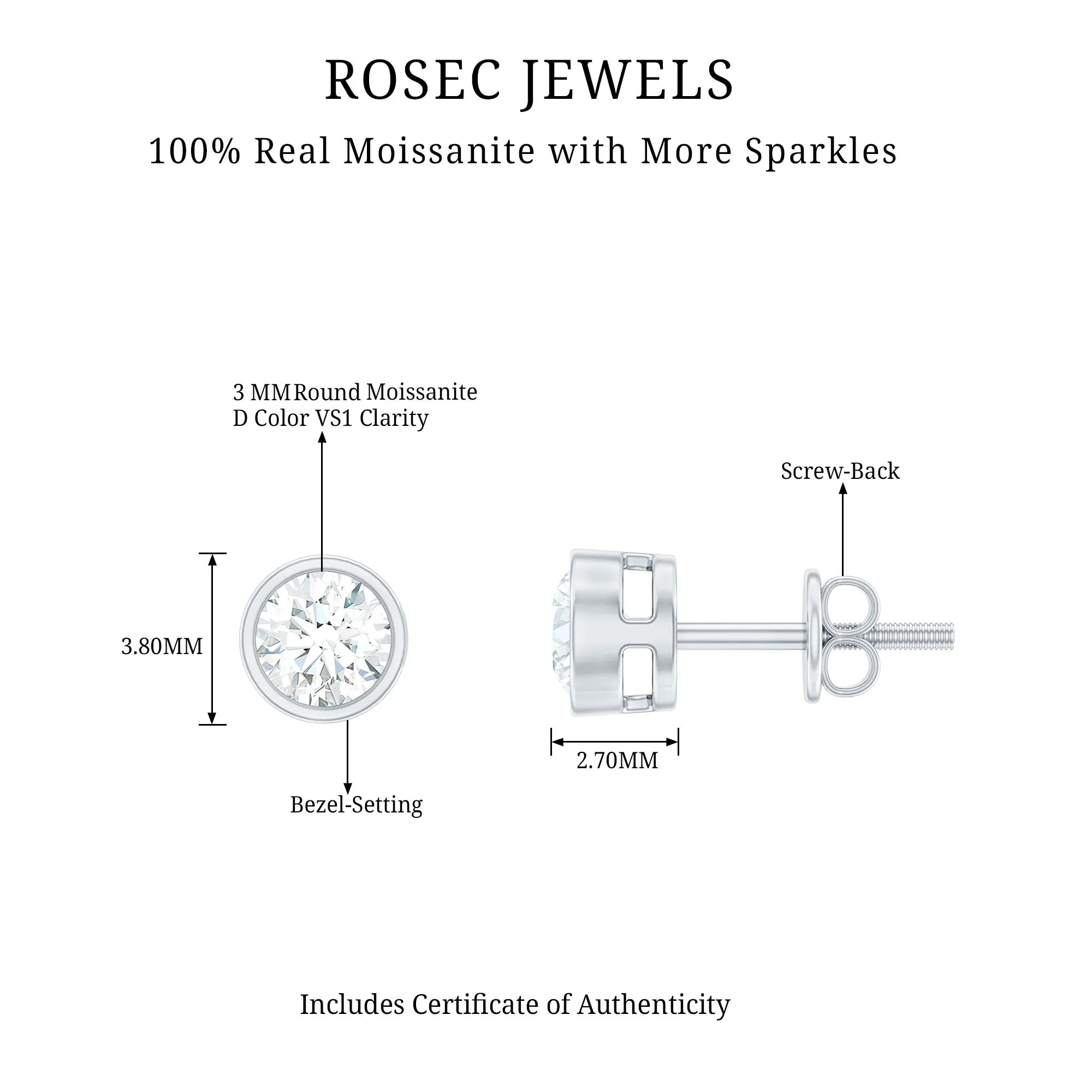 Dainty Moissanite Solitaire Stud Earrings in Bezel Setting
