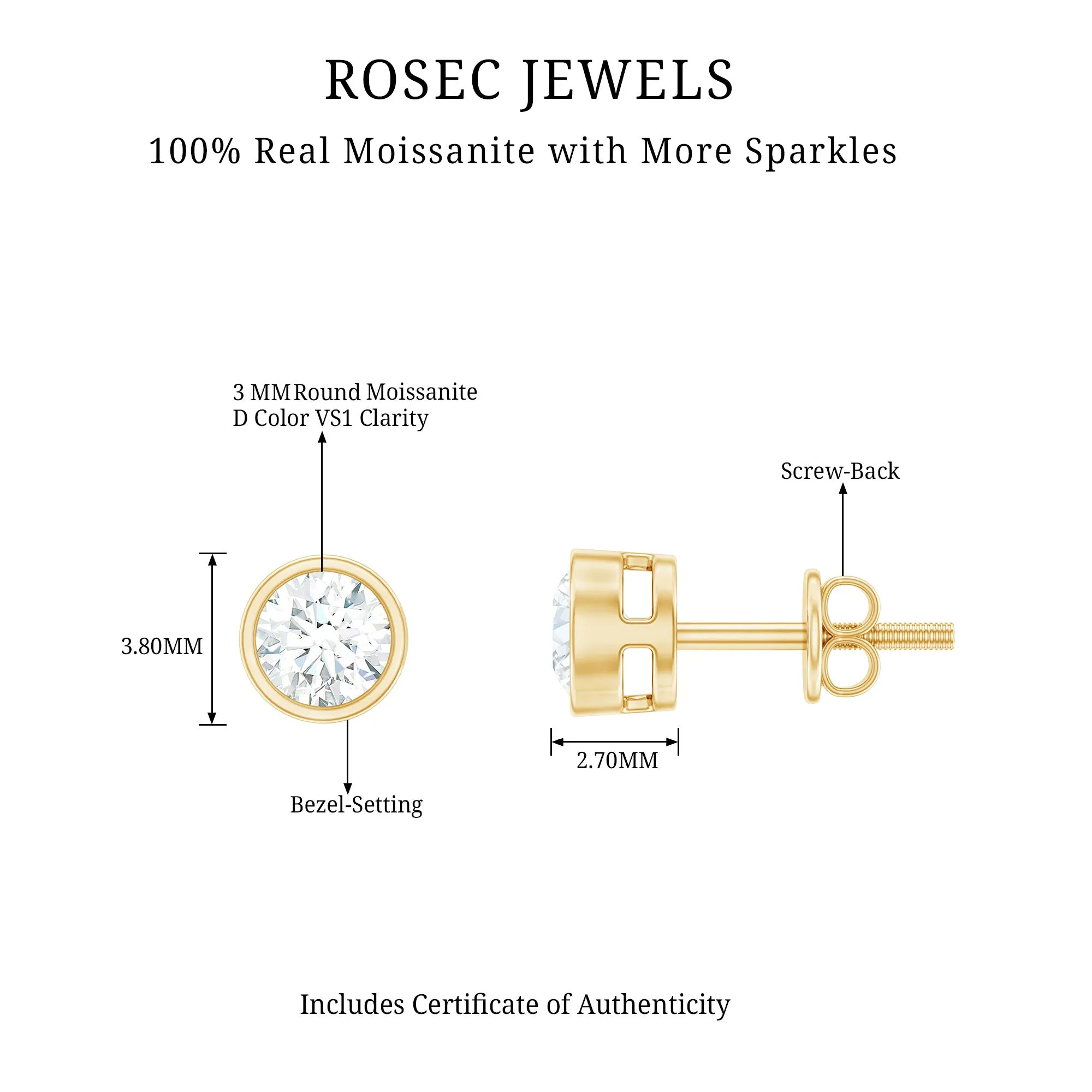 Dainty Moissanite Solitaire Stud Earrings in Bezel Setting