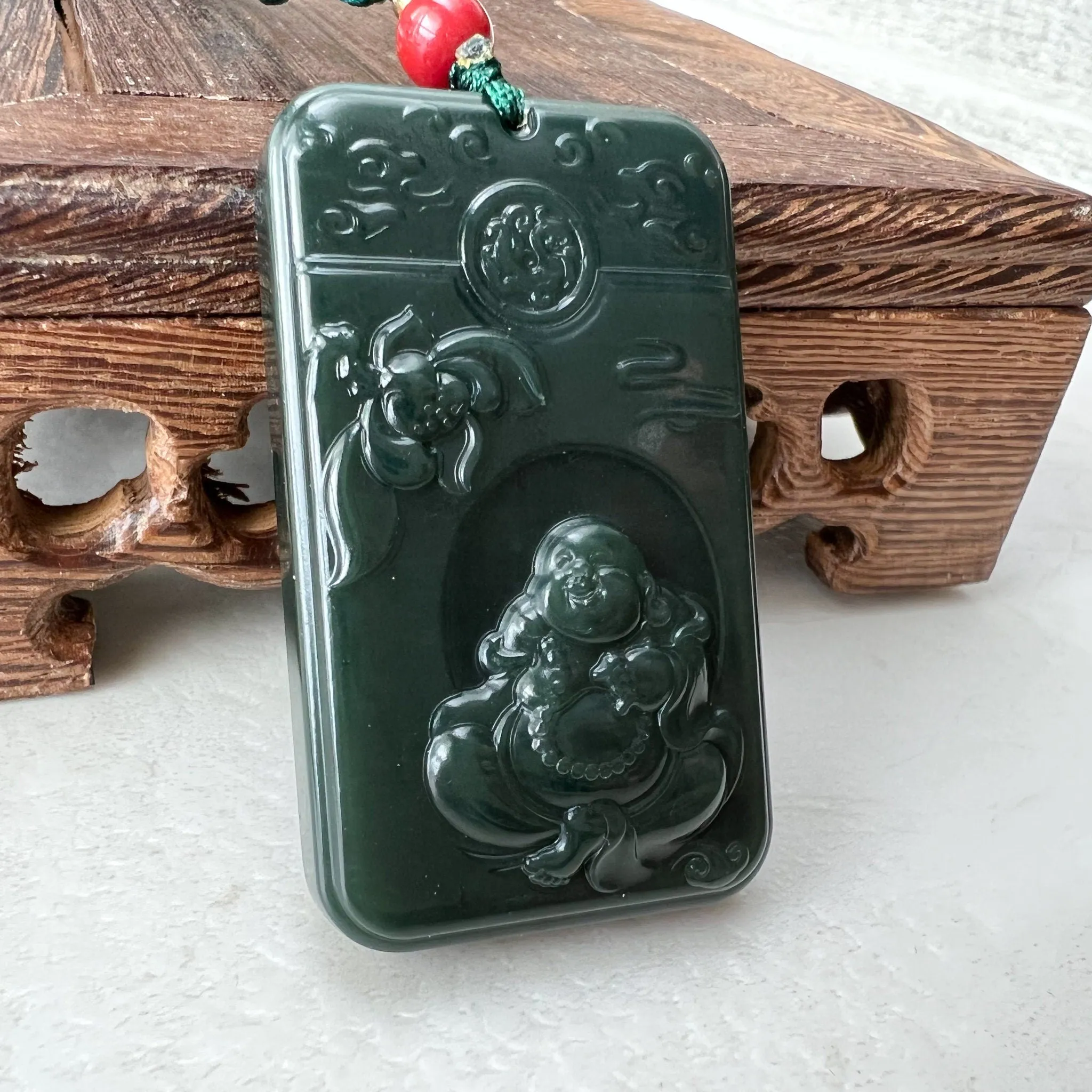 Dark Green Black Nephrite Jade Happy Laughing Buddha Necklace, SY-1221-1647872375