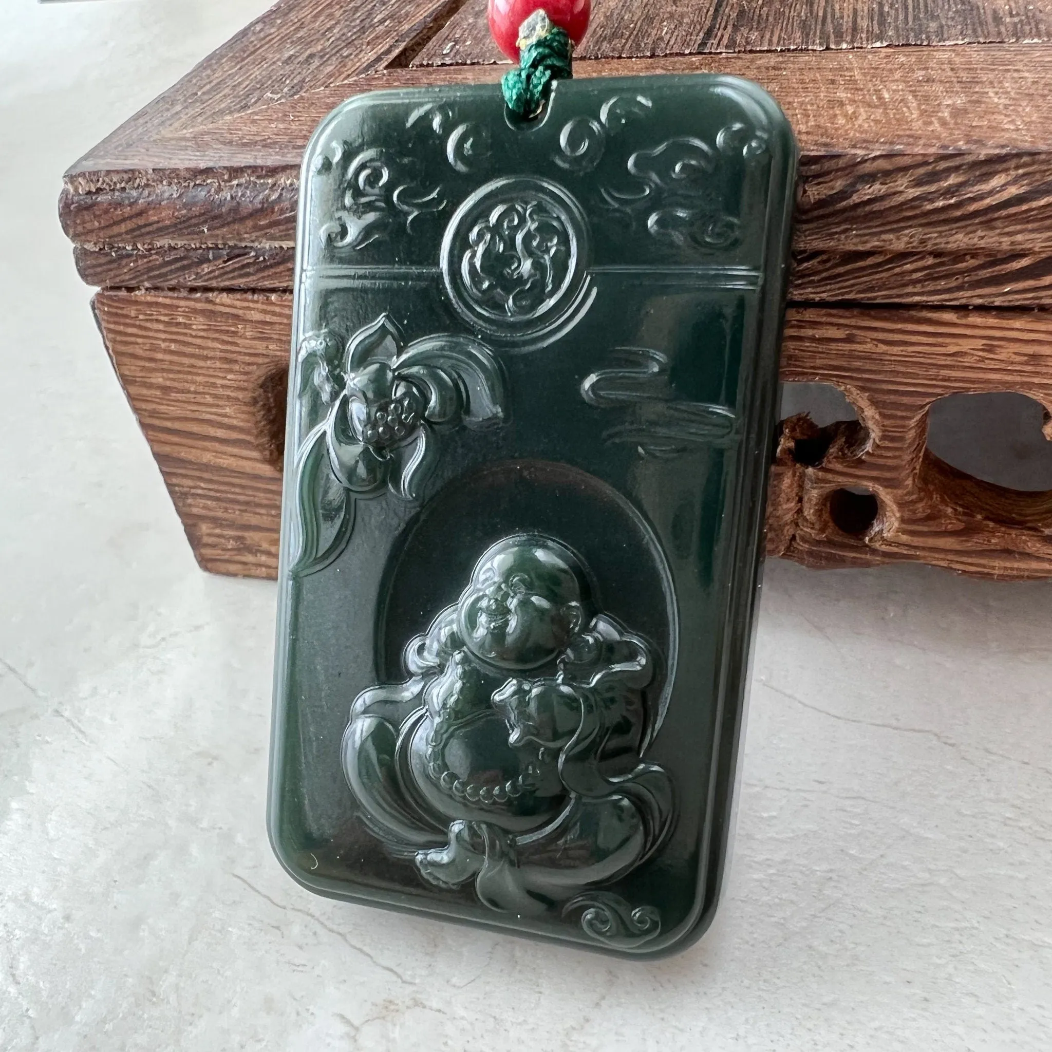 Dark Green Black Nephrite Jade Happy Laughing Buddha Necklace, SY-1221-1647872375