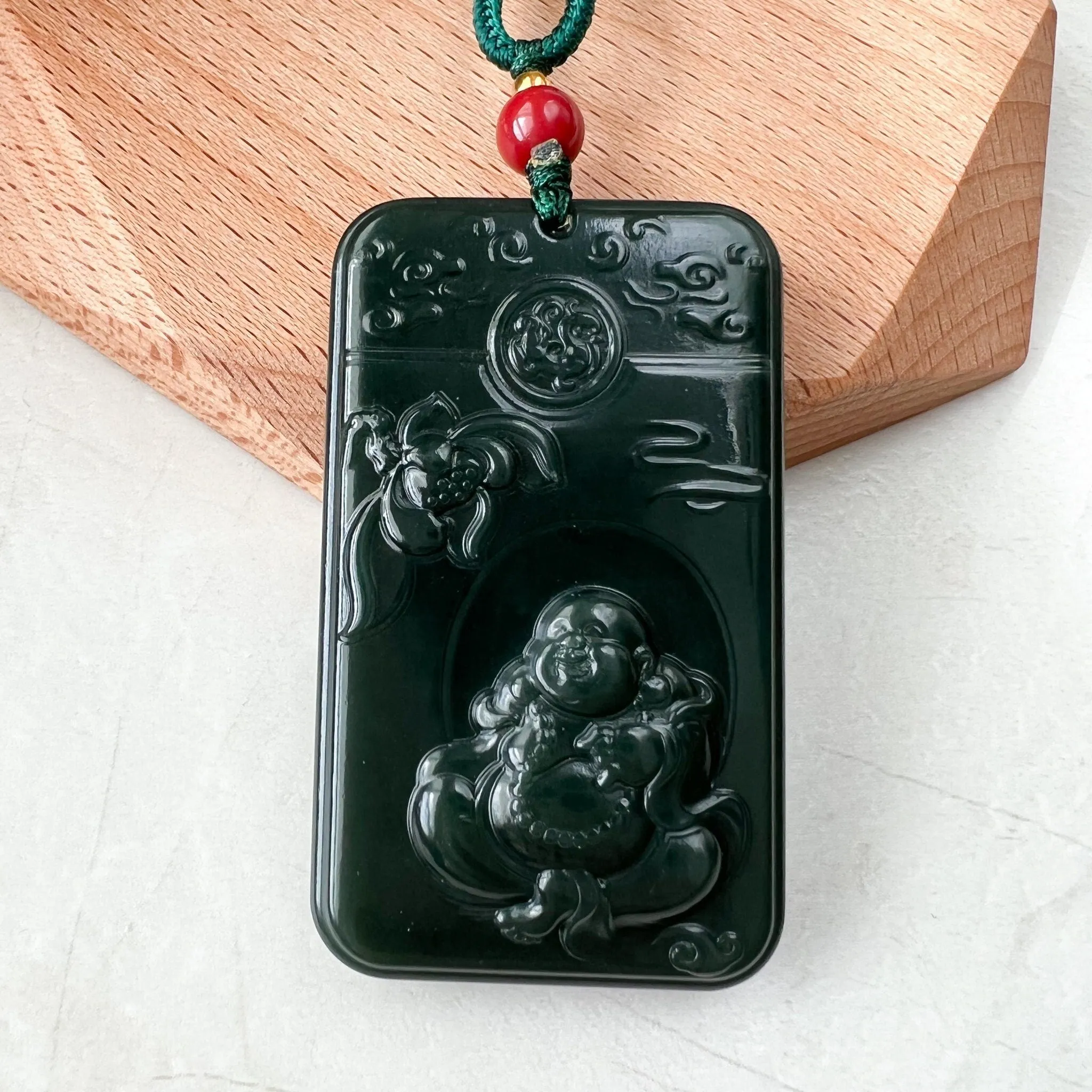 Dark Green Black Nephrite Jade Happy Laughing Buddha Necklace, SY-1221-1647872375