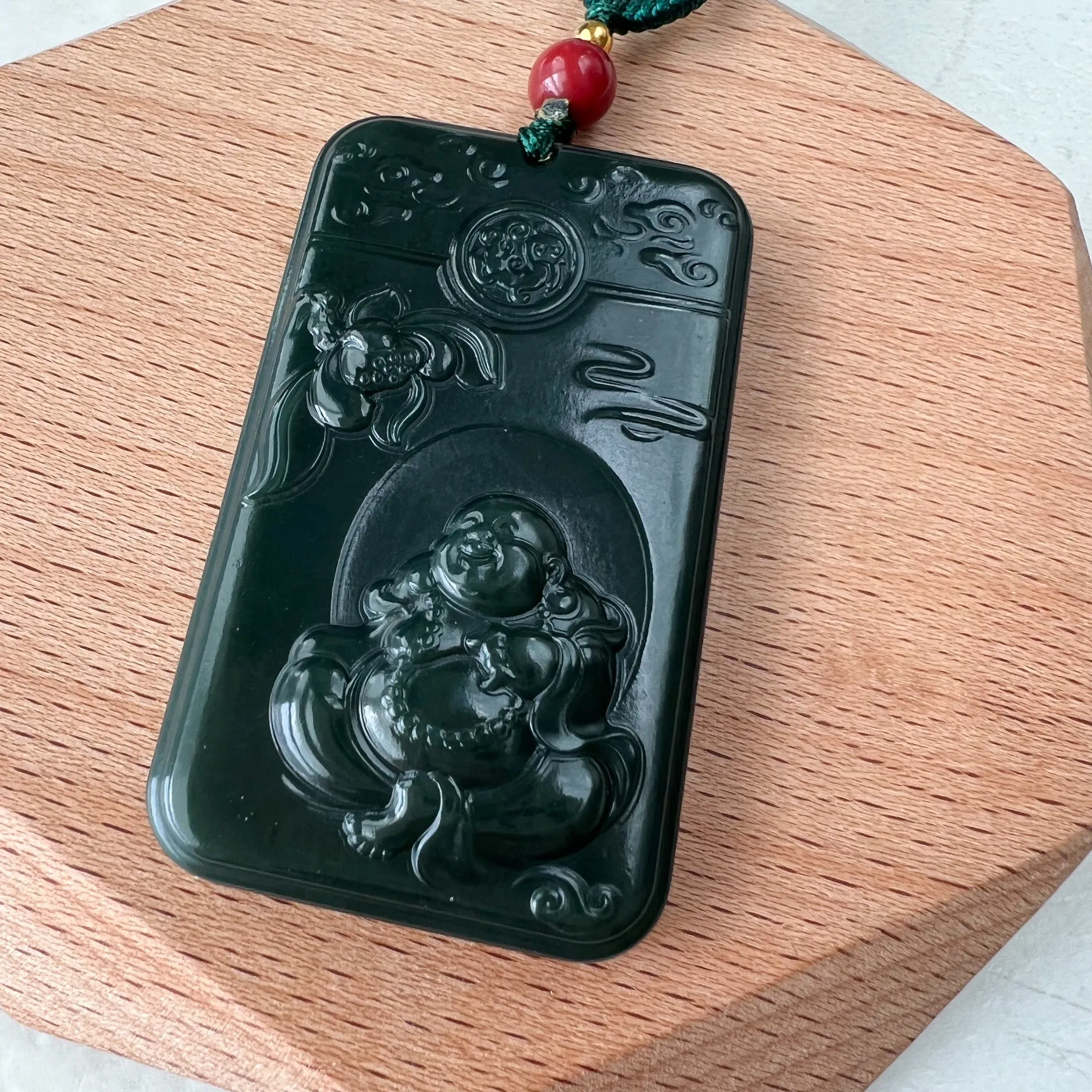 Dark Green Black Nephrite Jade Happy Laughing Buddha Necklace, SY-1221-1647872375