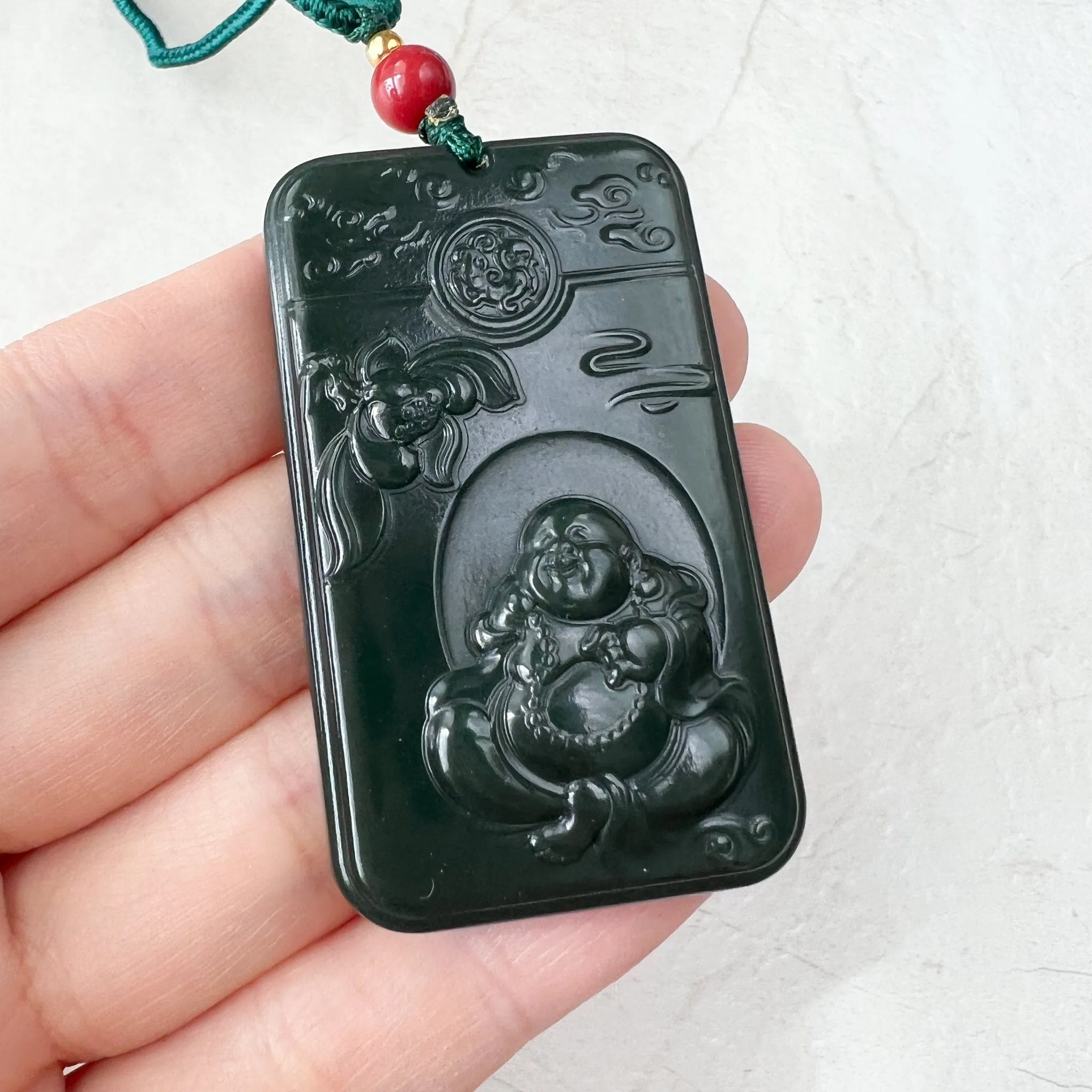 Dark Green Black Nephrite Jade Happy Laughing Buddha Necklace, SY-1221-1647872375