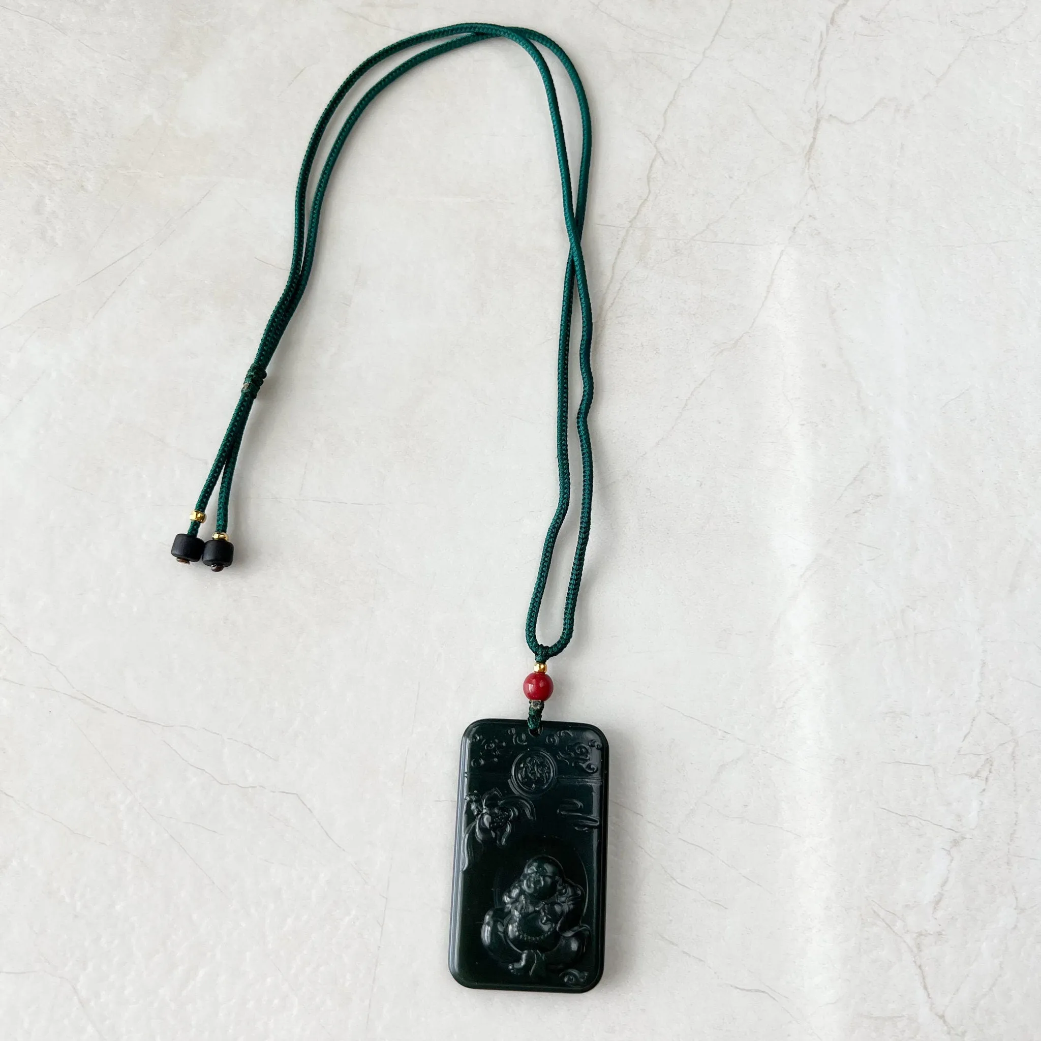 Dark Green Black Nephrite Jade Happy Laughing Buddha Necklace, SY-1221-1647872375