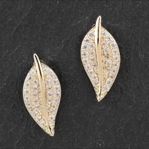 Equilibrium Gold Plated Back To Nature Pave Leaf Stud Earrings