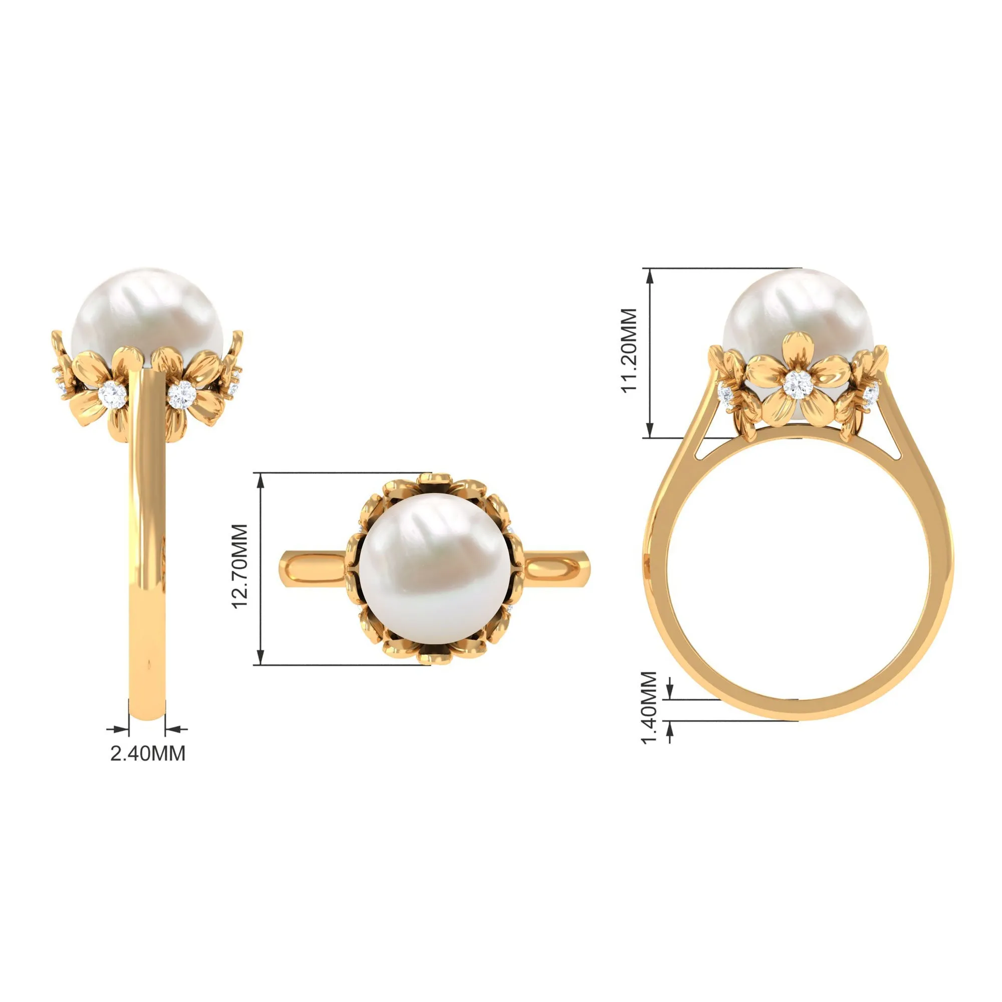 Floral Set Freshwater Pearl Solitaire Ring with Diamond Accent