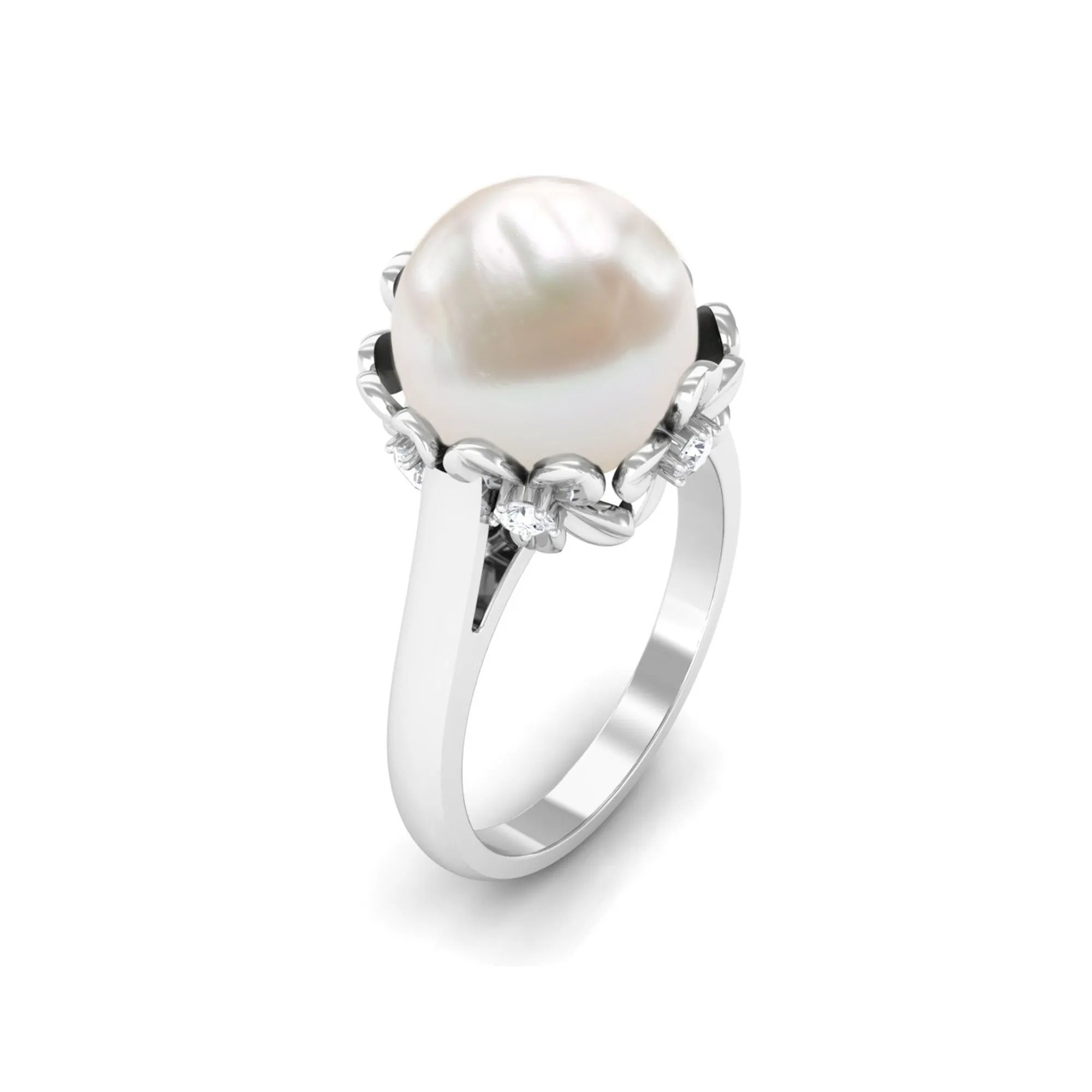 Floral Set Freshwater Pearl Solitaire Ring with Diamond Accent