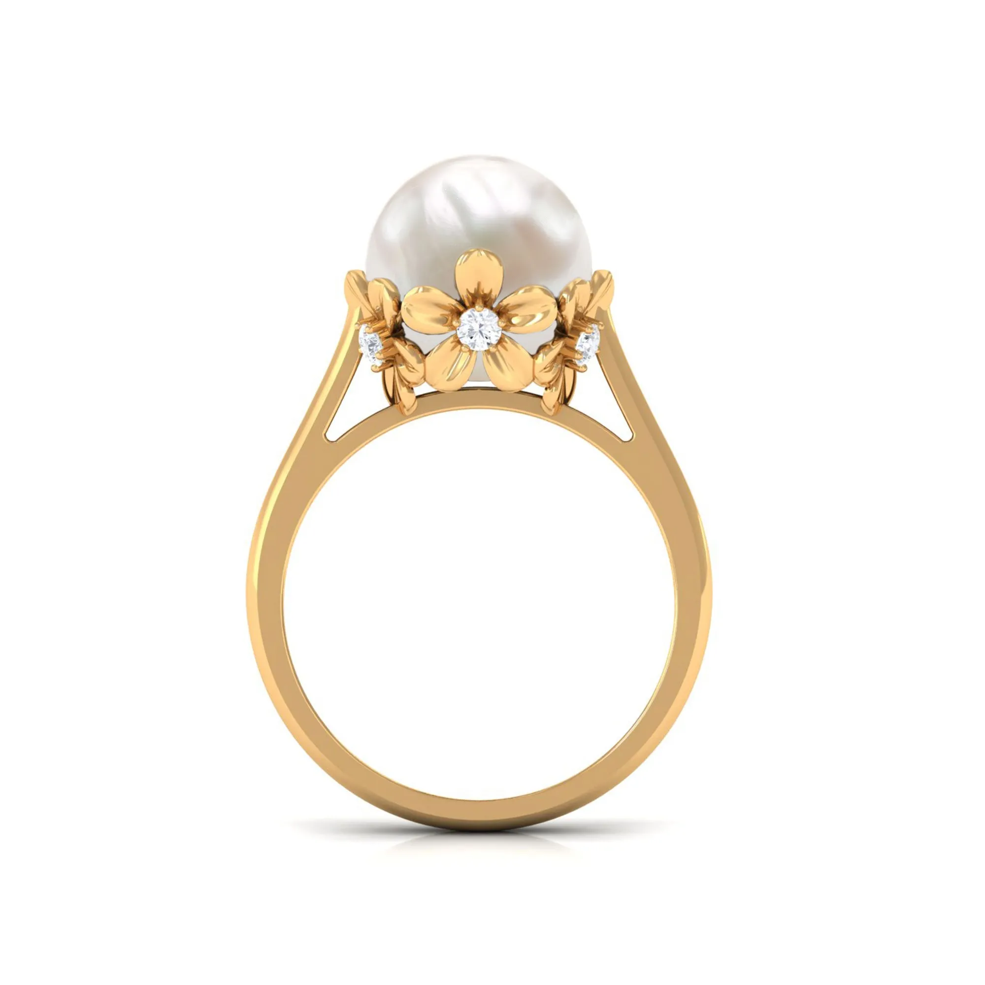 Floral Set Freshwater Pearl Solitaire Ring with Diamond Accent