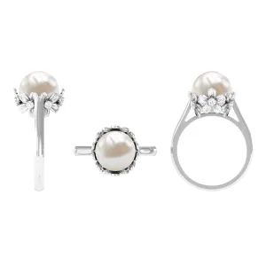 Floral Set Freshwater Pearl Solitaire Ring with Diamond Accent