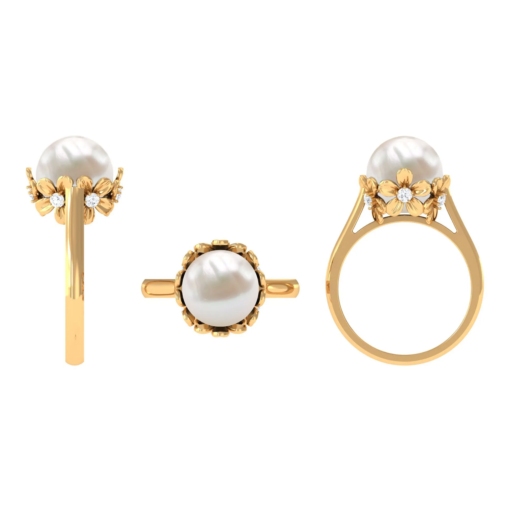 Floral Set Freshwater Pearl Solitaire Ring with Diamond Accent