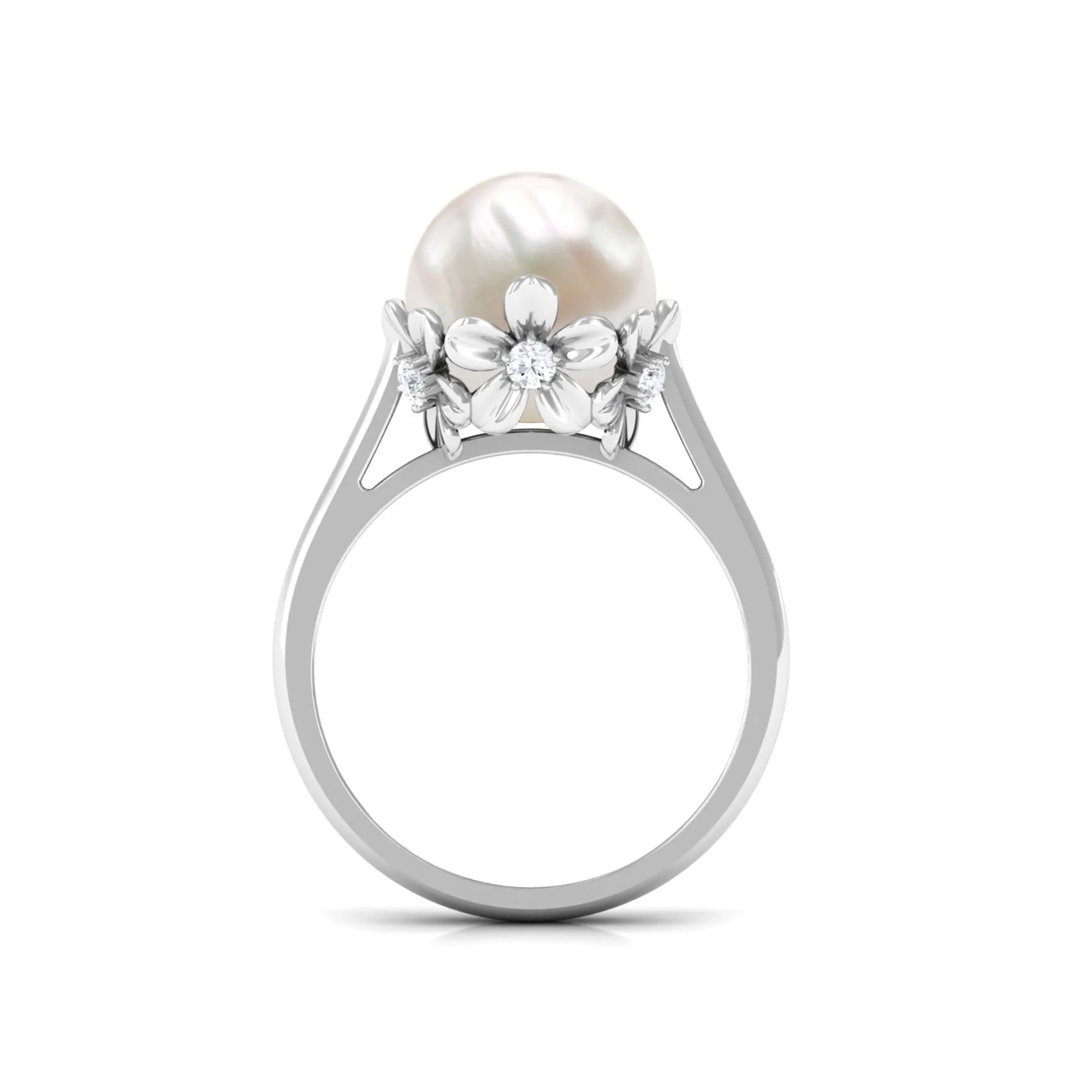 Floral Set Freshwater Pearl Solitaire Ring with Diamond Accent