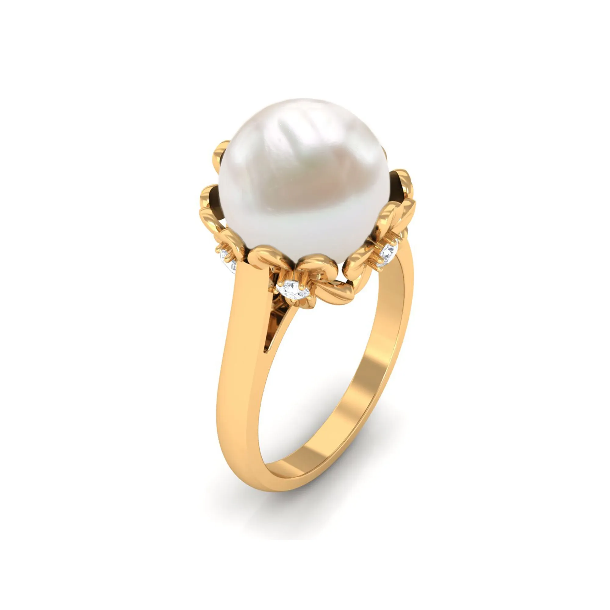 Floral Set Freshwater Pearl Solitaire Ring with Diamond Accent