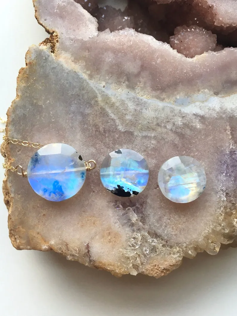 Full Moon Rainbow Moonstone Necklace On Sterling Silver or 14k Gold Filled Chain