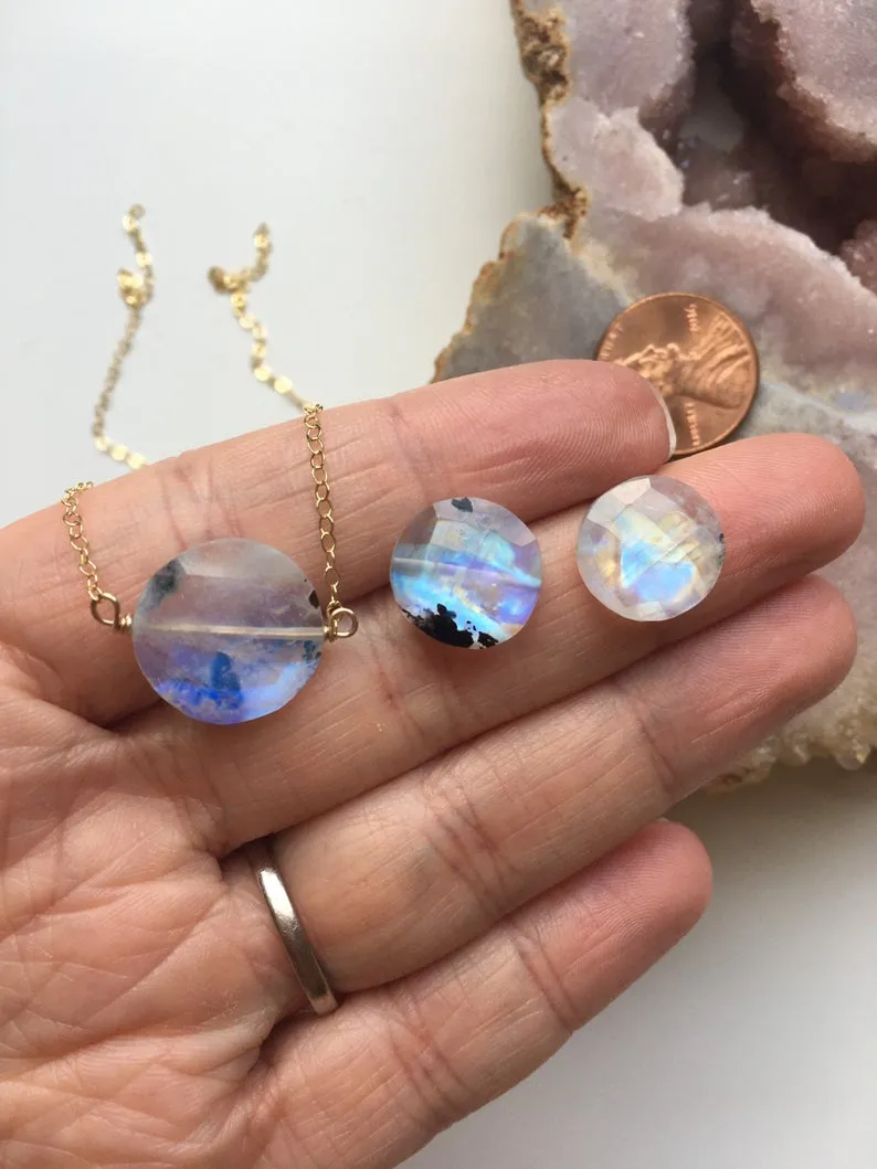 Full Moon Rainbow Moonstone Necklace On Sterling Silver or 14k Gold Filled Chain