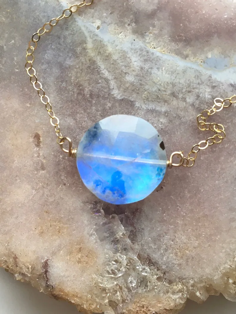 Full Moon Rainbow Moonstone Necklace On Sterling Silver or 14k Gold Filled Chain