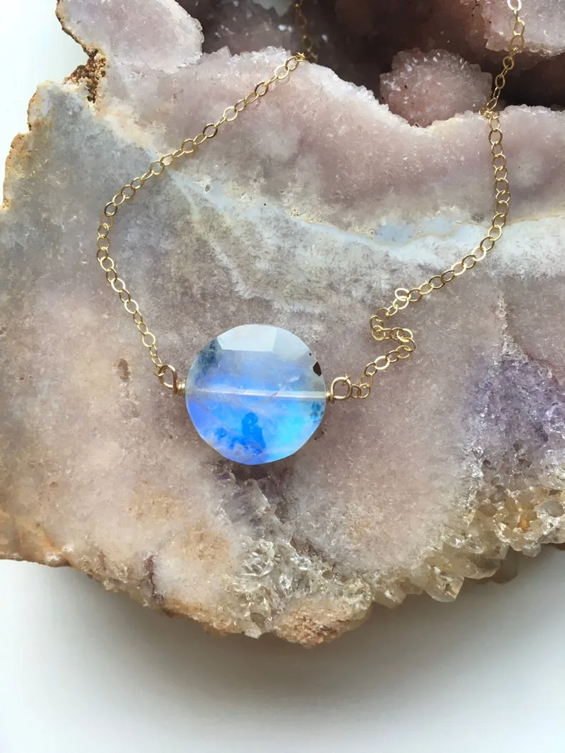 Full Moon Rainbow Moonstone Necklace On Sterling Silver or 14k Gold Filled Chain
