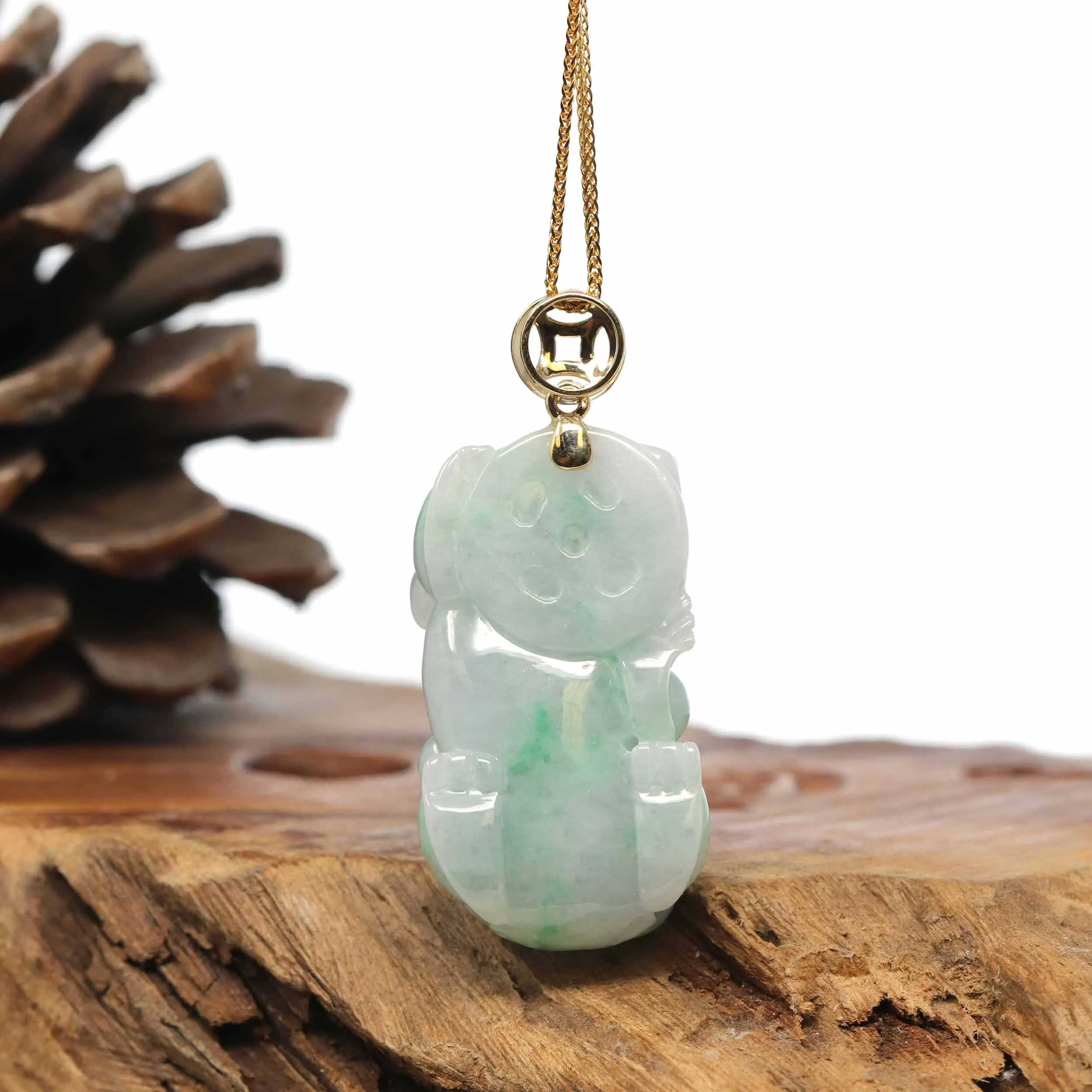 Genuine Burmese Apple Green Jadeite Jade PiXiu Pendant Necklace With 18K Gold Bail