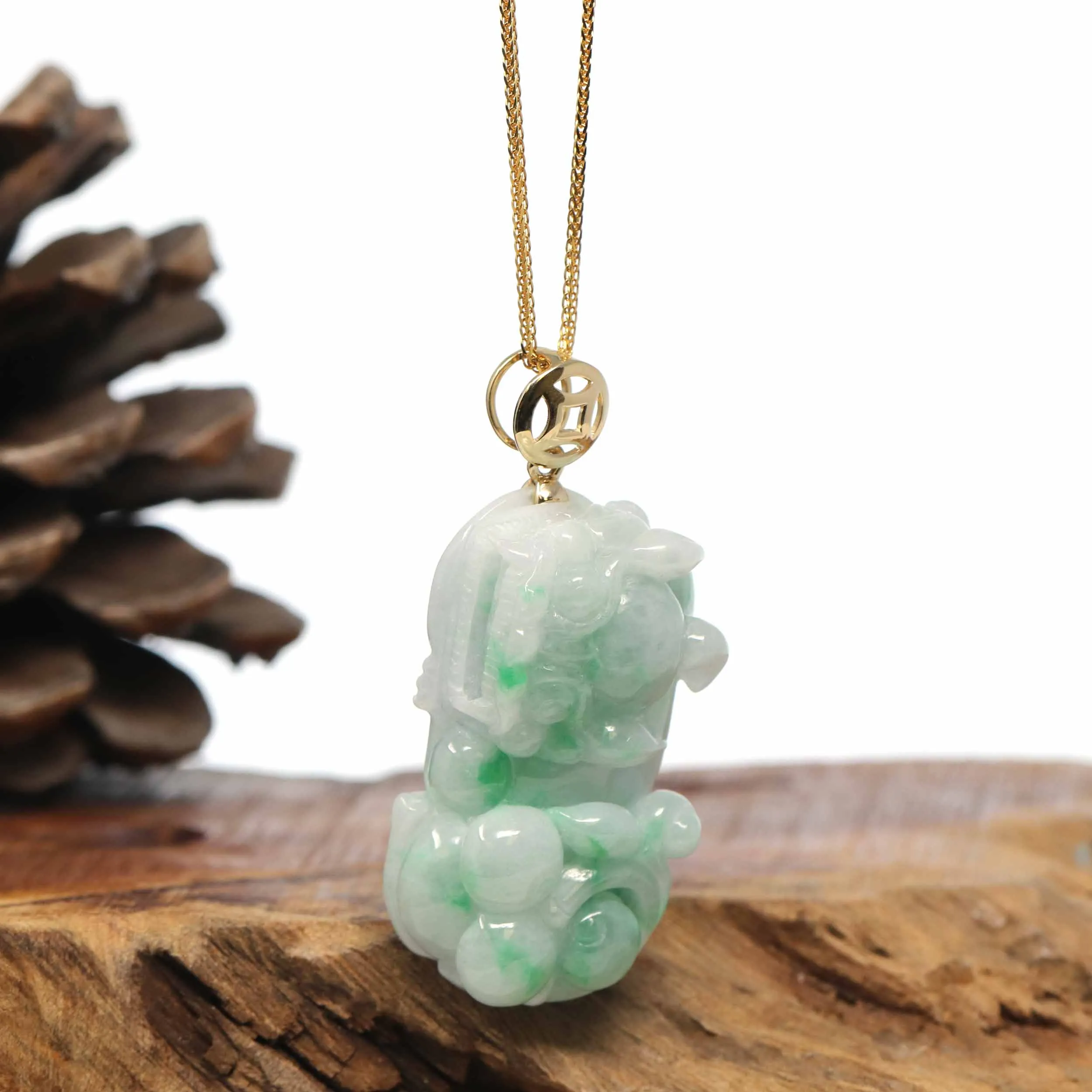 Genuine Burmese Apple Green Jadeite Jade PiXiu Pendant Necklace With 18K Gold Bail
