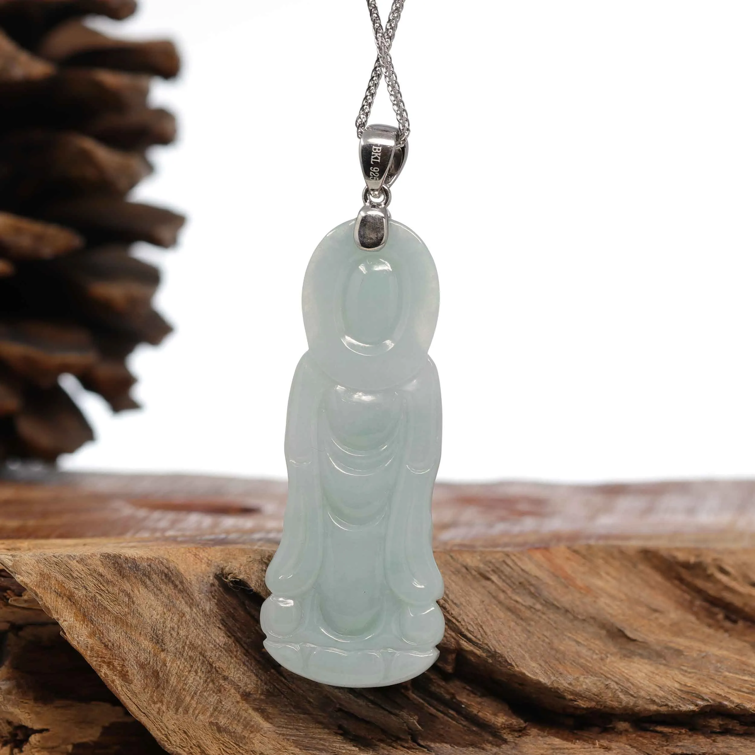 Genuine Burmese Jadeite Jade Guanyin Pendant Necklace With Silver Bail