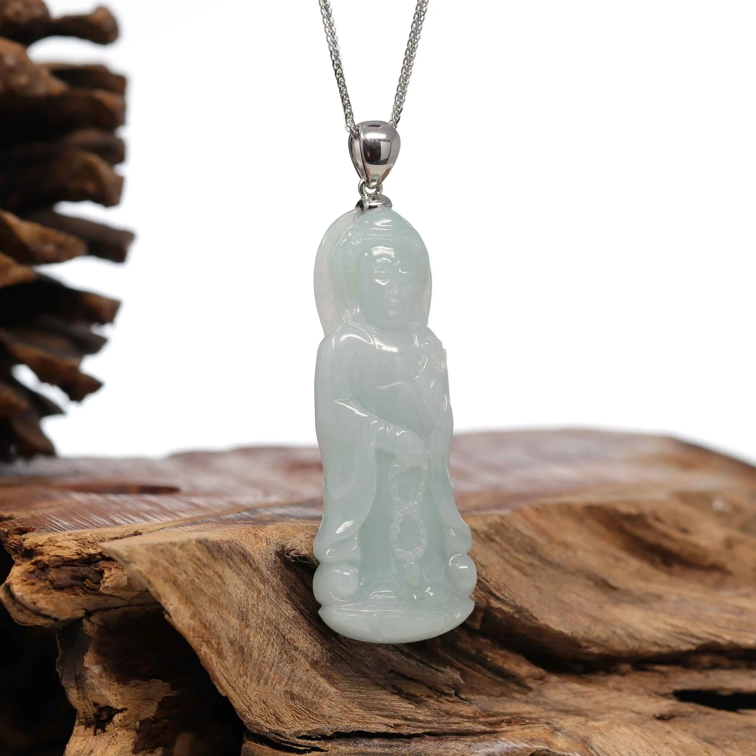 Genuine Burmese Jadeite Jade Guanyin Pendant Necklace With Silver Bail