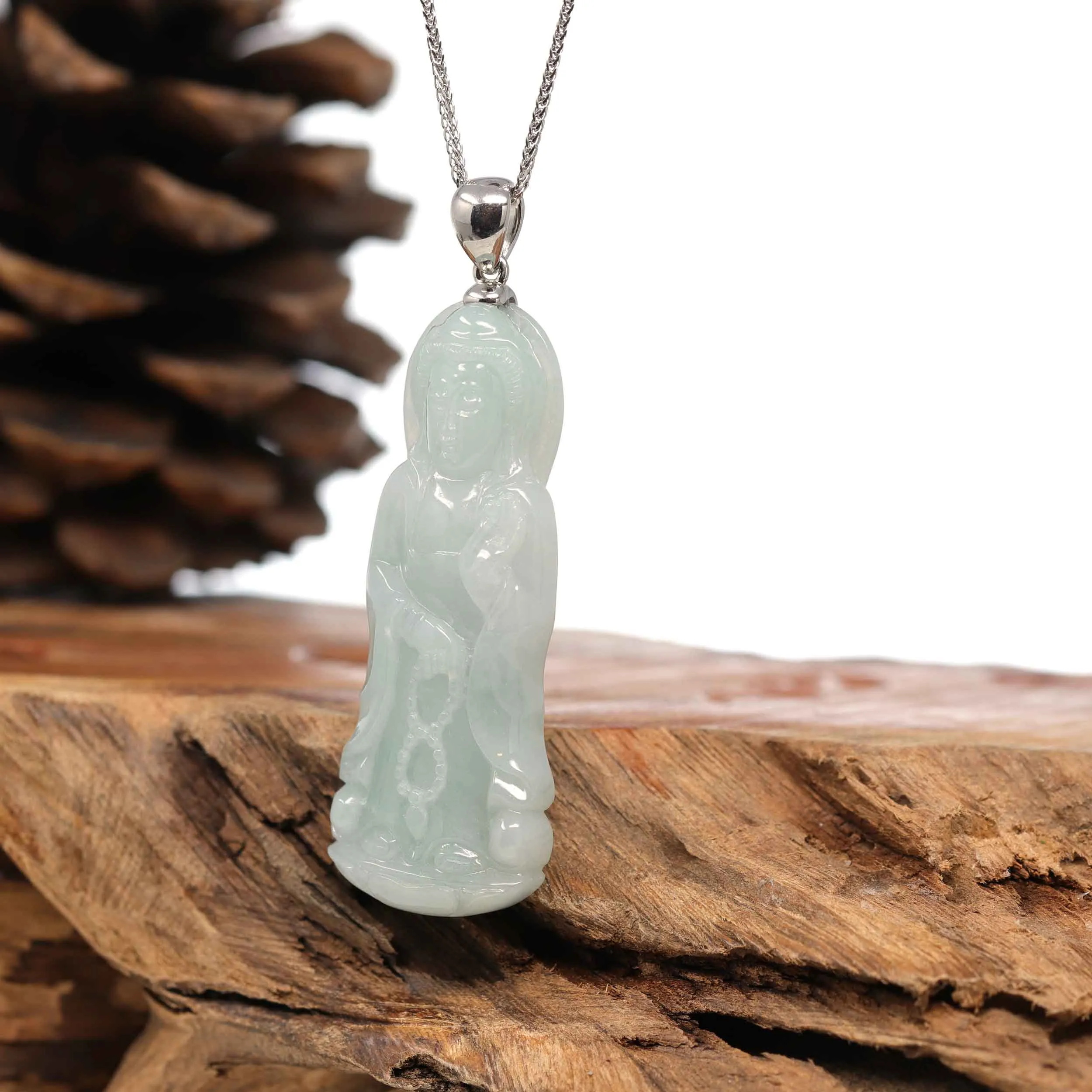 Genuine Burmese Jadeite Jade Guanyin Pendant Necklace With Silver Bail