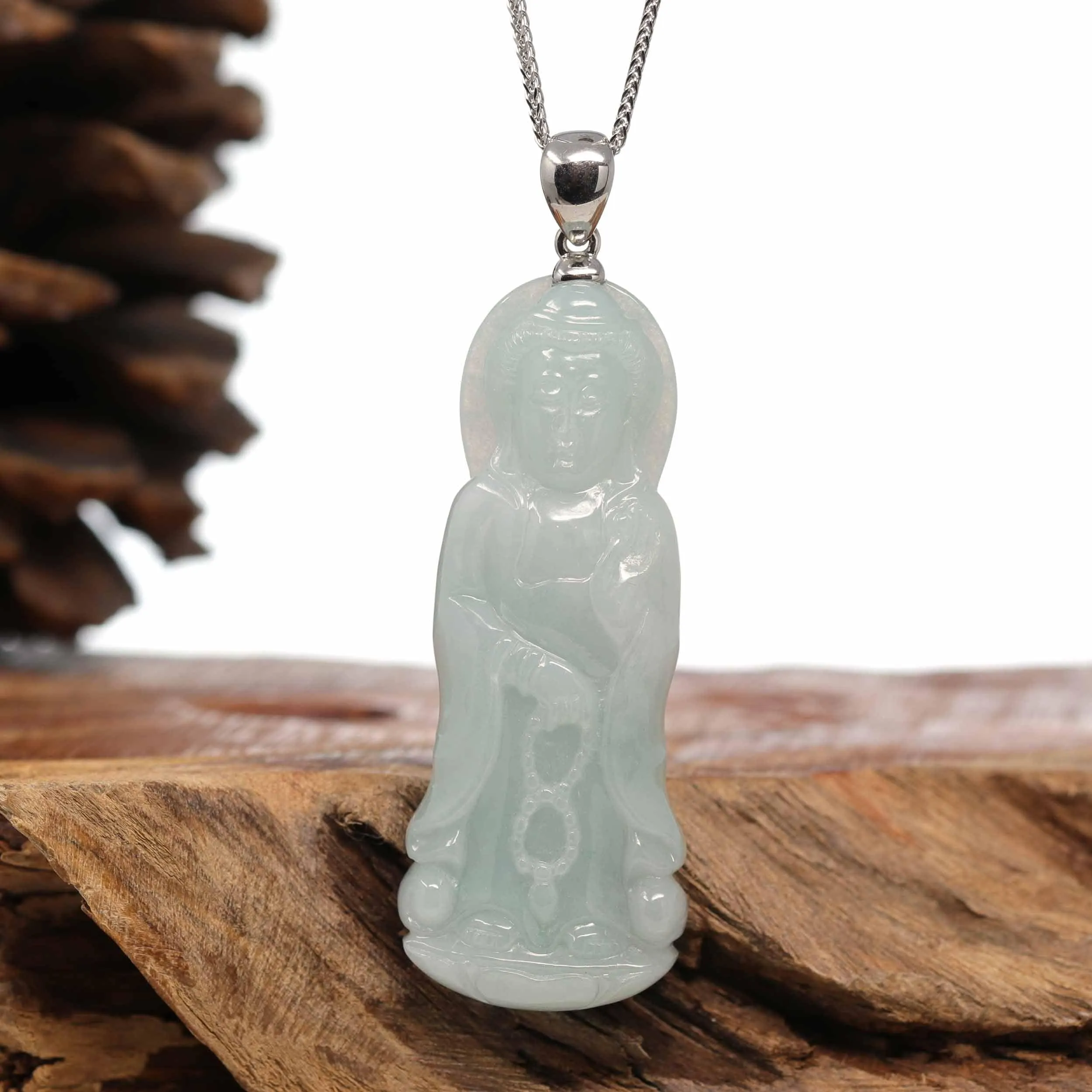 Genuine Burmese Jadeite Jade Guanyin Pendant Necklace With Silver Bail