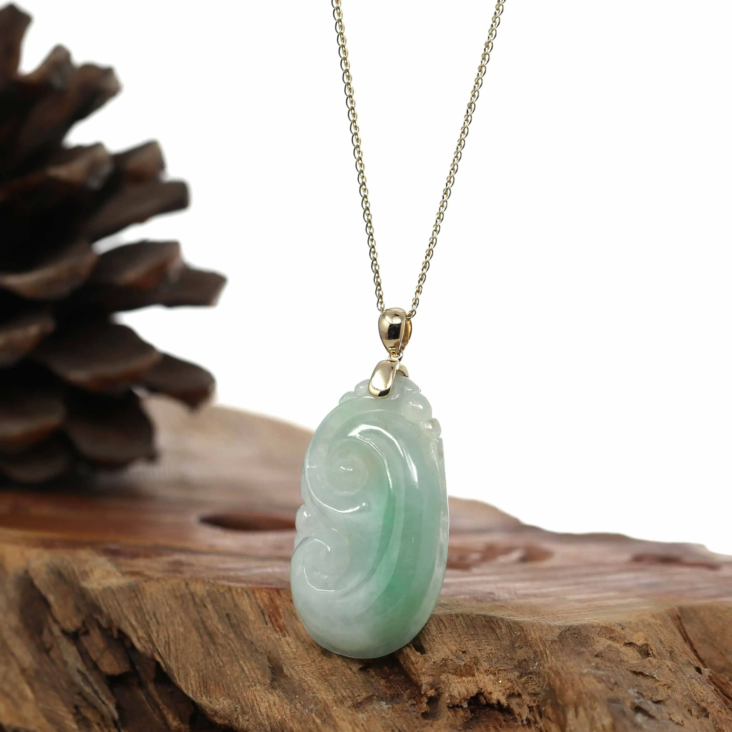 Genuine Green Jadeite Jade RuYi ( Wang Shi Ru Yi ) Pendant Necklace With 14K Yellow Gold Bail