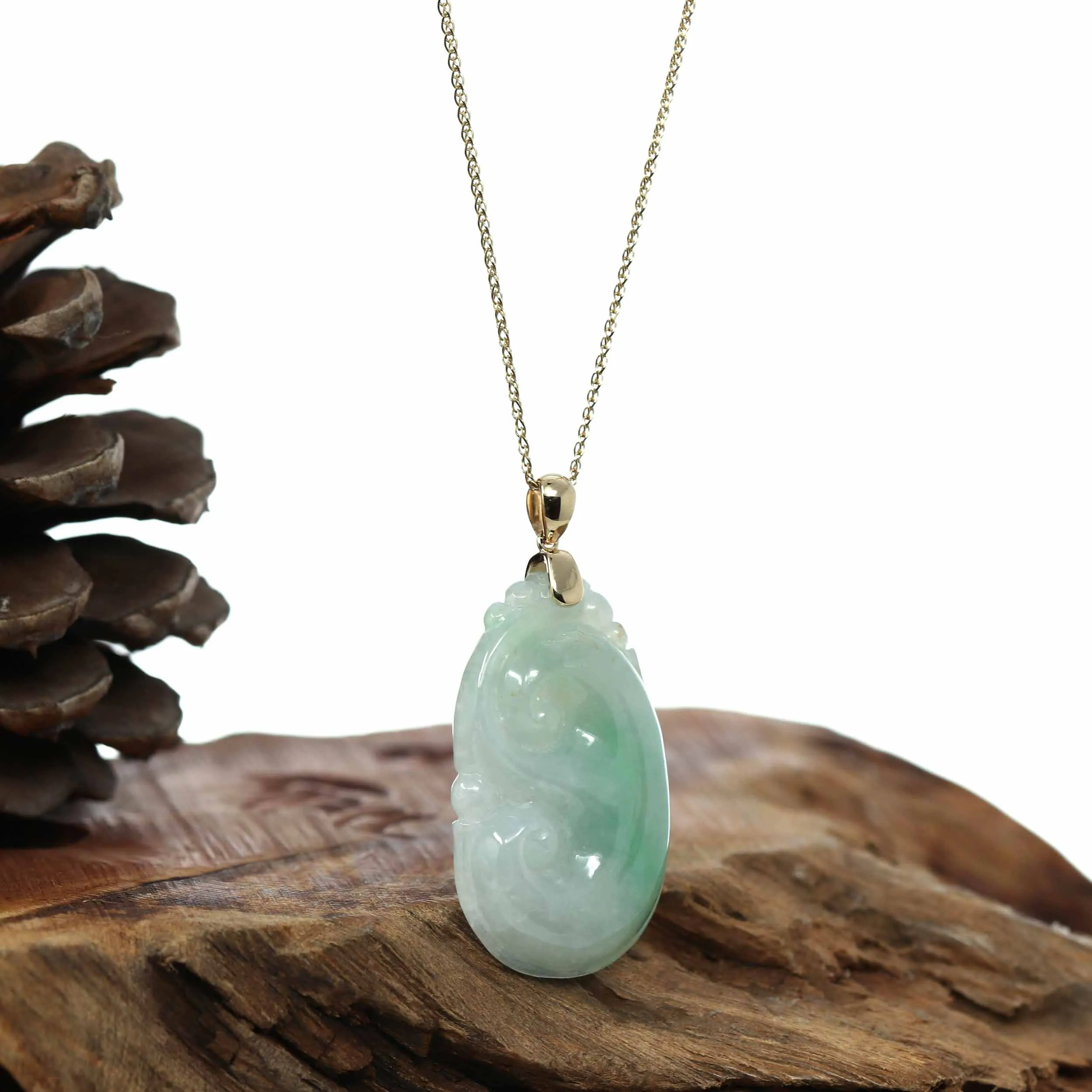 Genuine Green Jadeite Jade RuYi ( Wang Shi Ru Yi ) Pendant Necklace With 14K Yellow Gold Bail