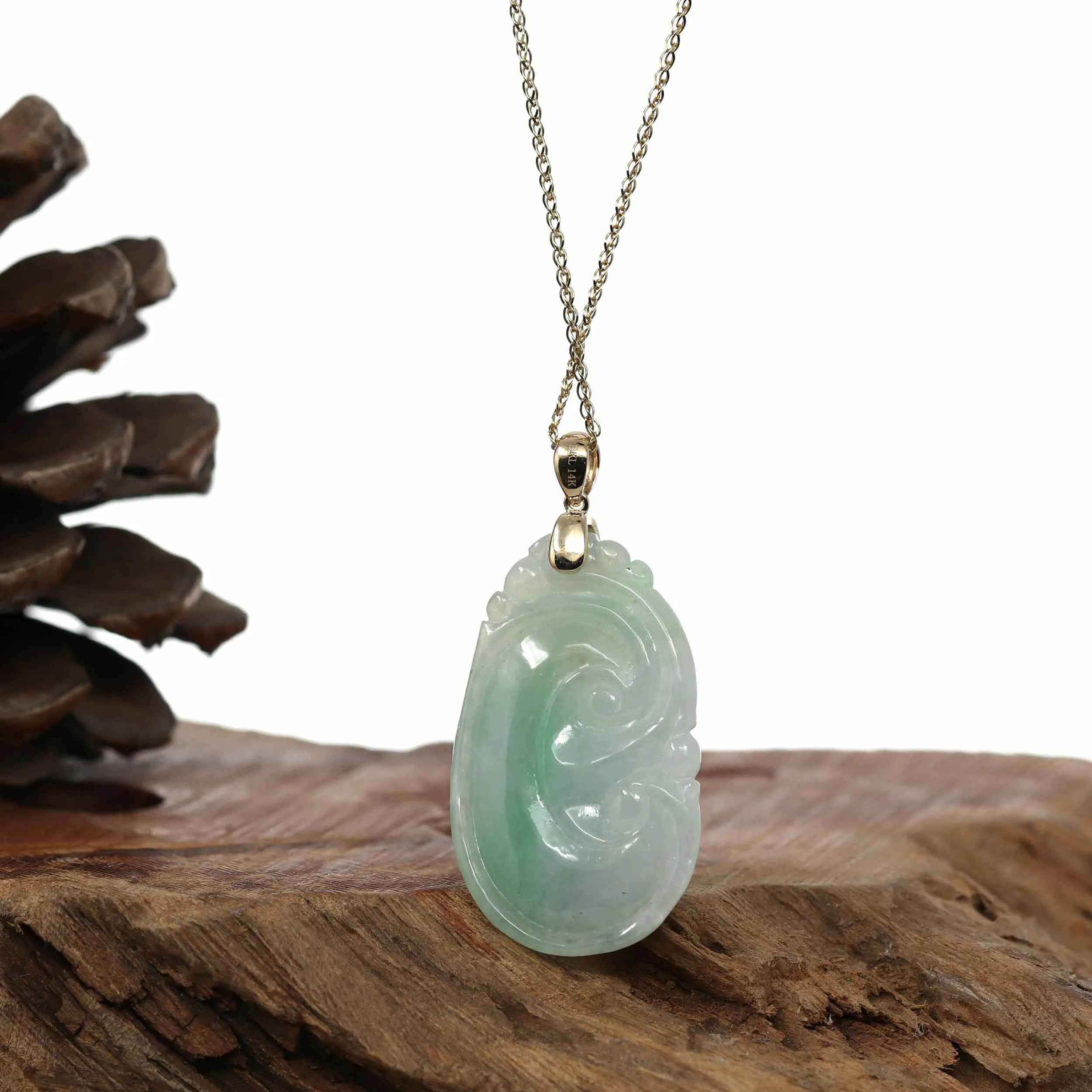 Genuine Green Jadeite Jade RuYi ( Wang Shi Ru Yi ) Pendant Necklace With 14K Yellow Gold Bail