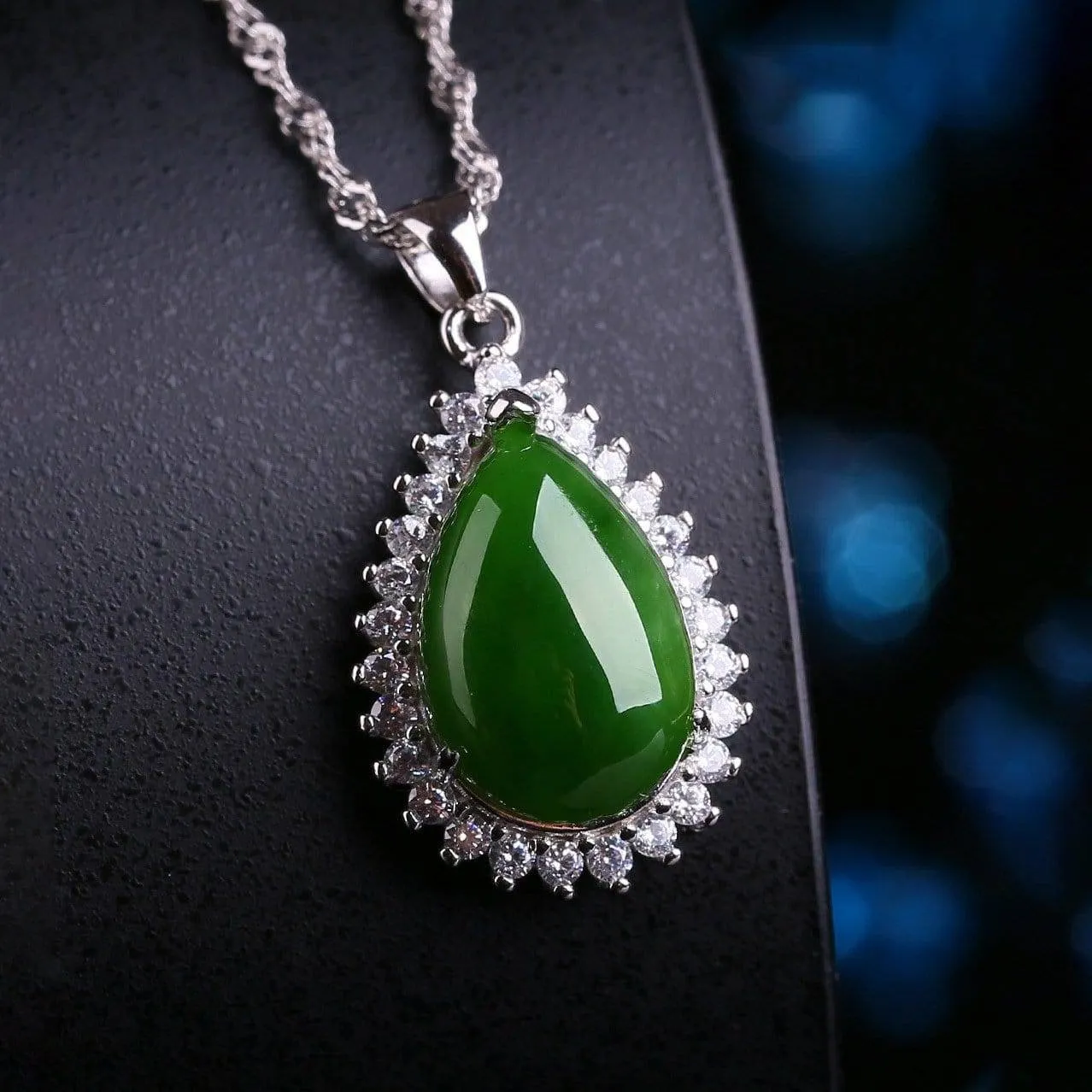 Genuine Green Nephrite Jade Pendant Necklace Tear Drop with Zircon Halo
