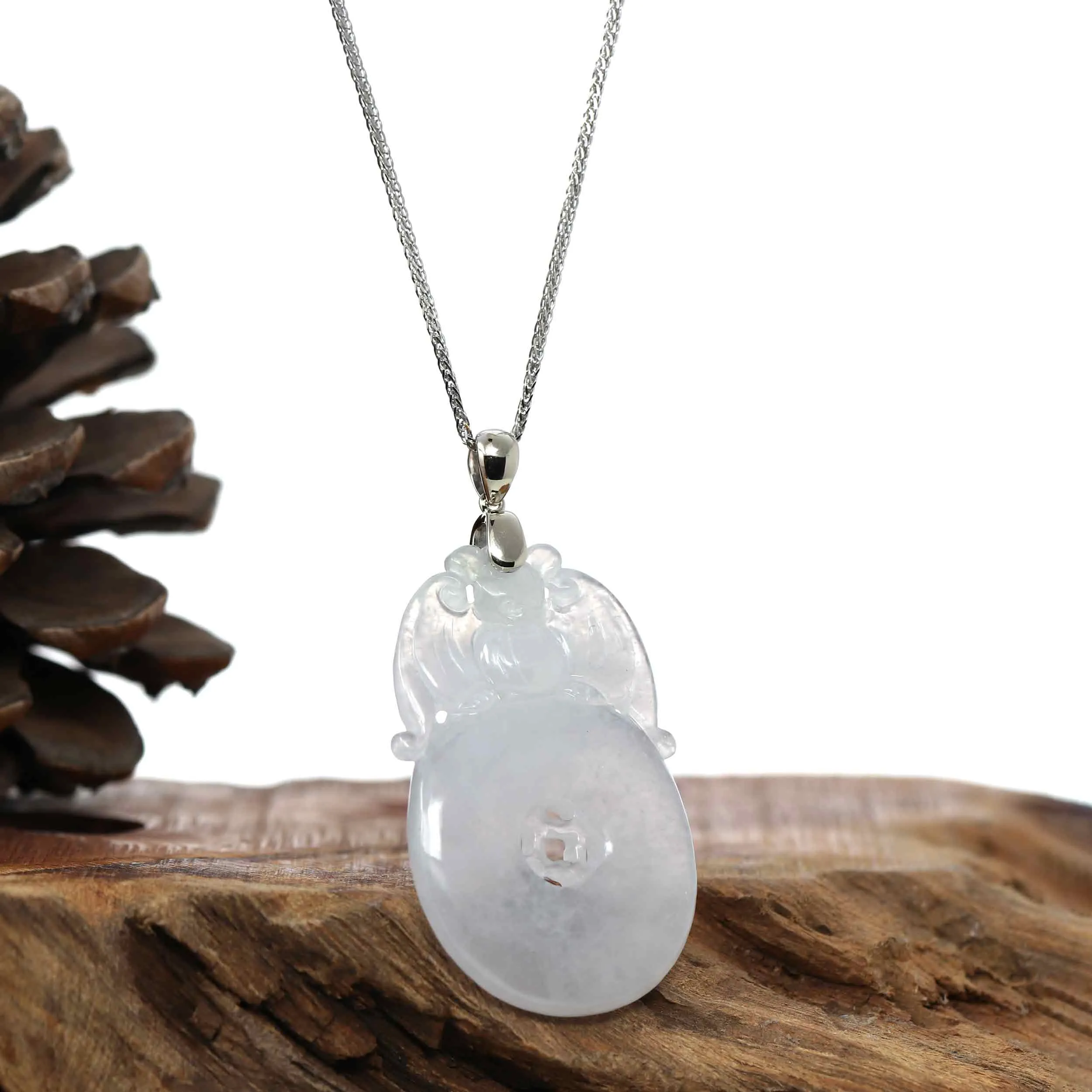 Genuine Ice White Jadeite Jade Fu Zai Yan Qian Pendant Necklace With 14K White Gold Bail