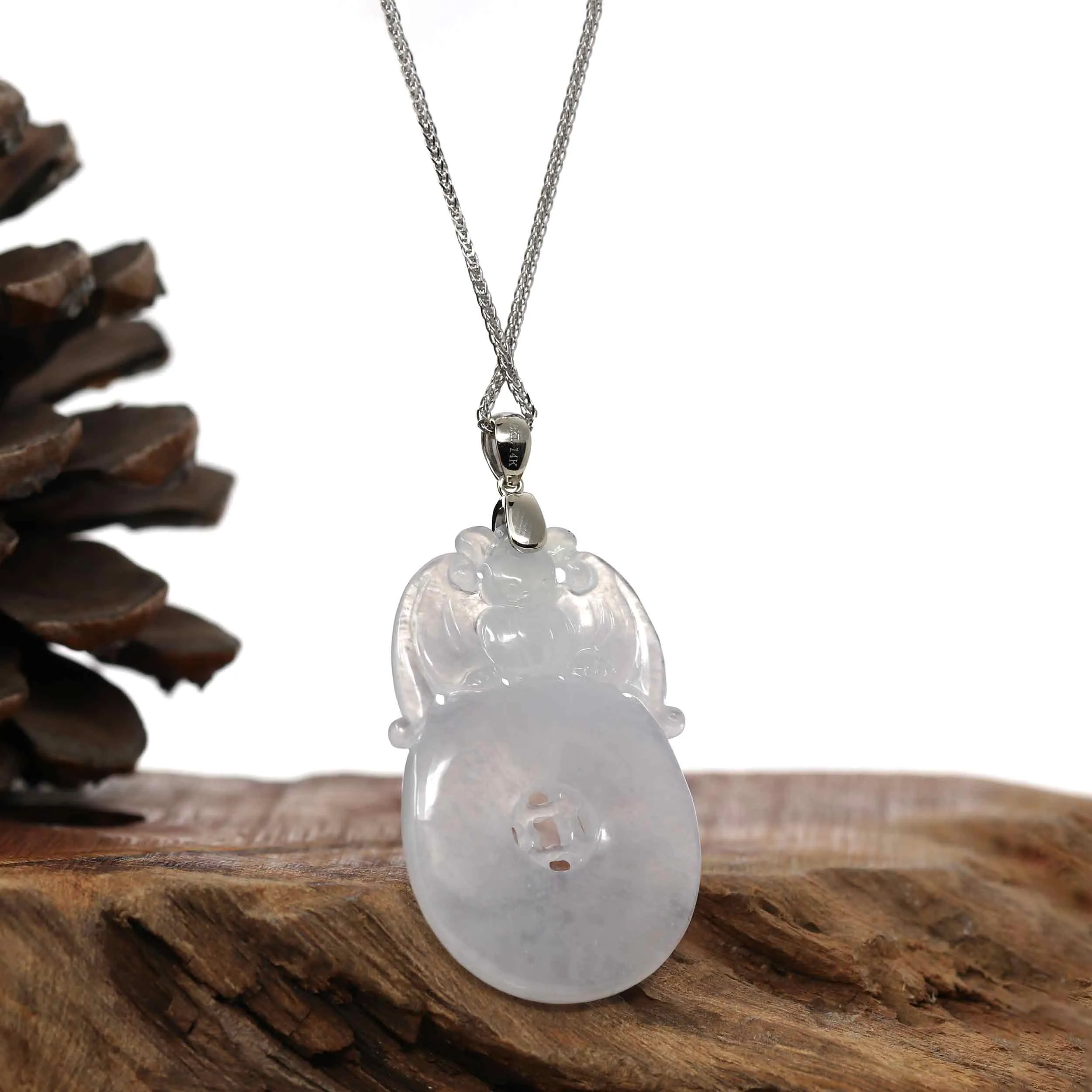 Genuine Ice White Jadeite Jade Fu Zai Yan Qian Pendant Necklace With 14K White Gold Bail
