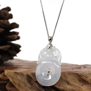 Genuine Ice White Jadeite Jade Fu Zai Yan Qian Pendant Necklace With 14K White Gold Bail