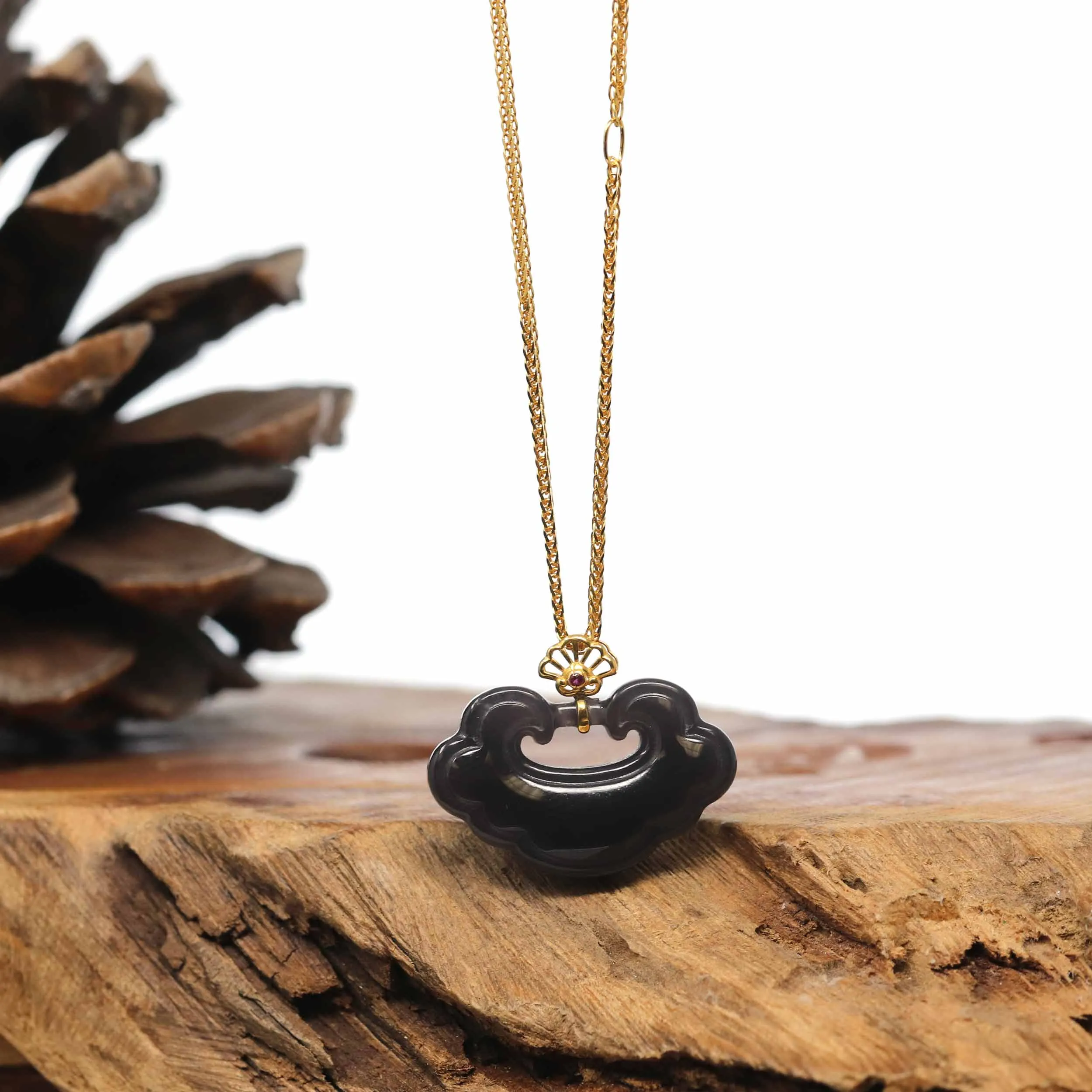 Genuine Smoky Purple Nephrite Jade RuYi Pendant Necklace With 18k Gold Bail