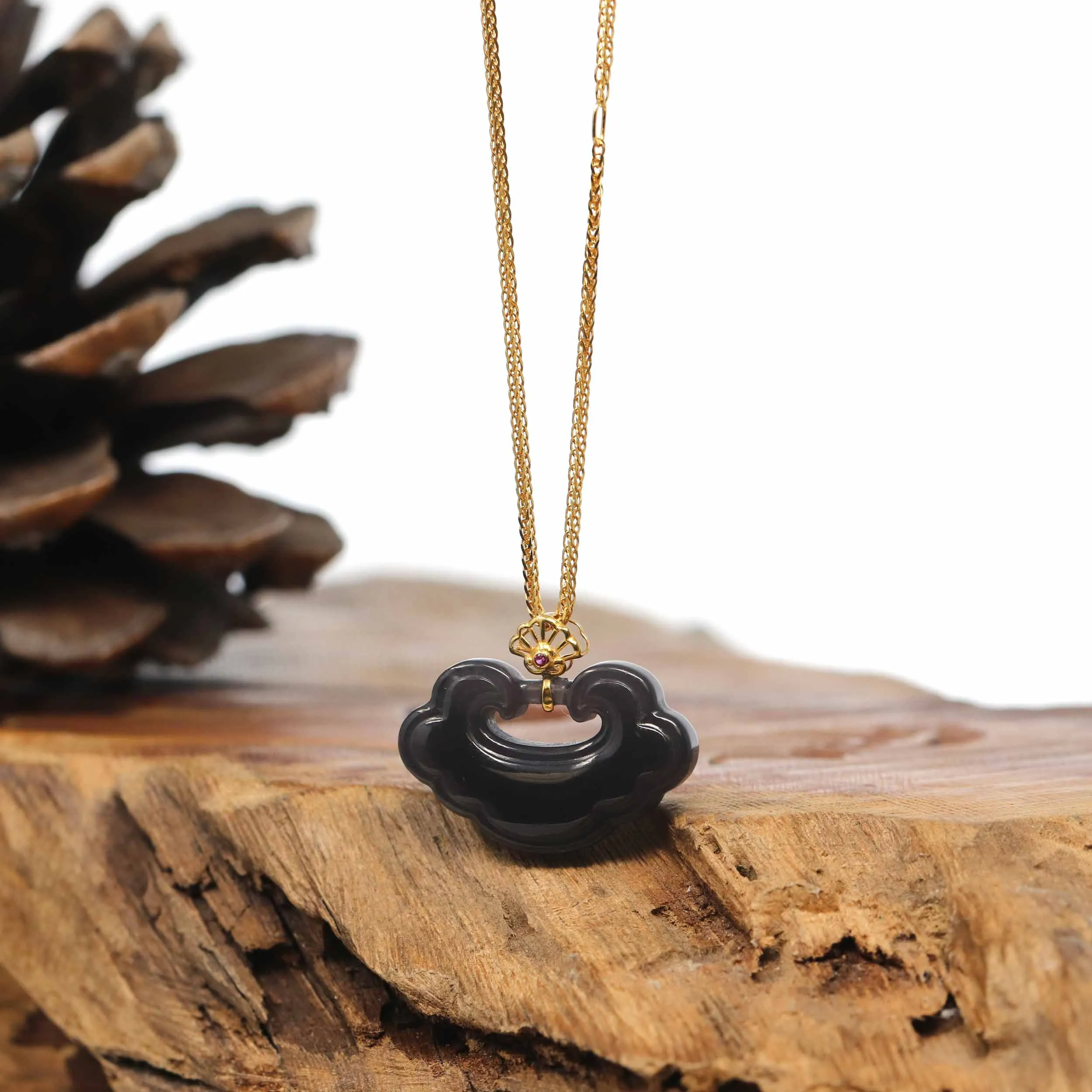 Genuine Smoky Purple Nephrite Jade RuYi Pendant Necklace With 18k Gold Bail