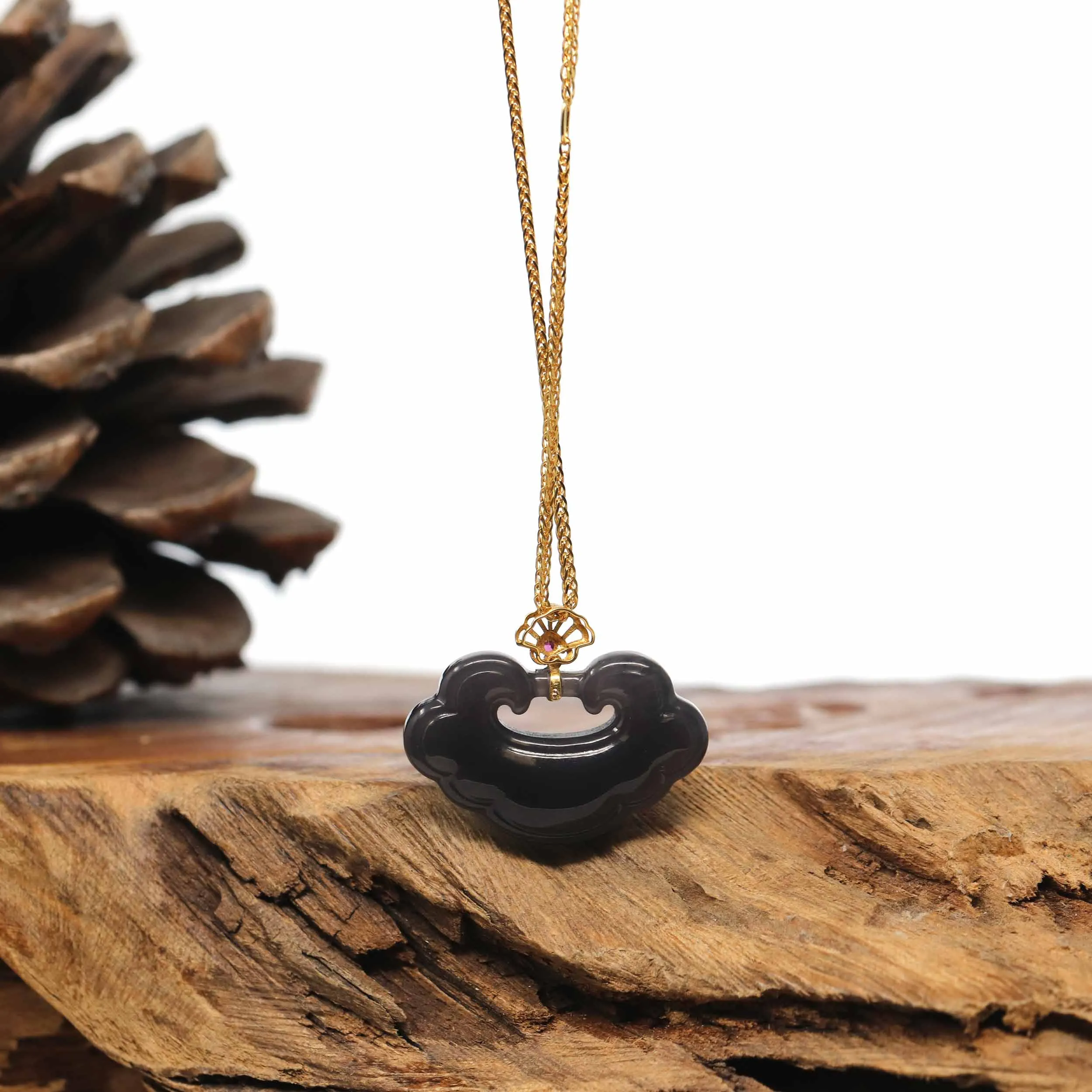 Genuine Smoky Purple Nephrite Jade RuYi Pendant Necklace With 18k Gold Bail