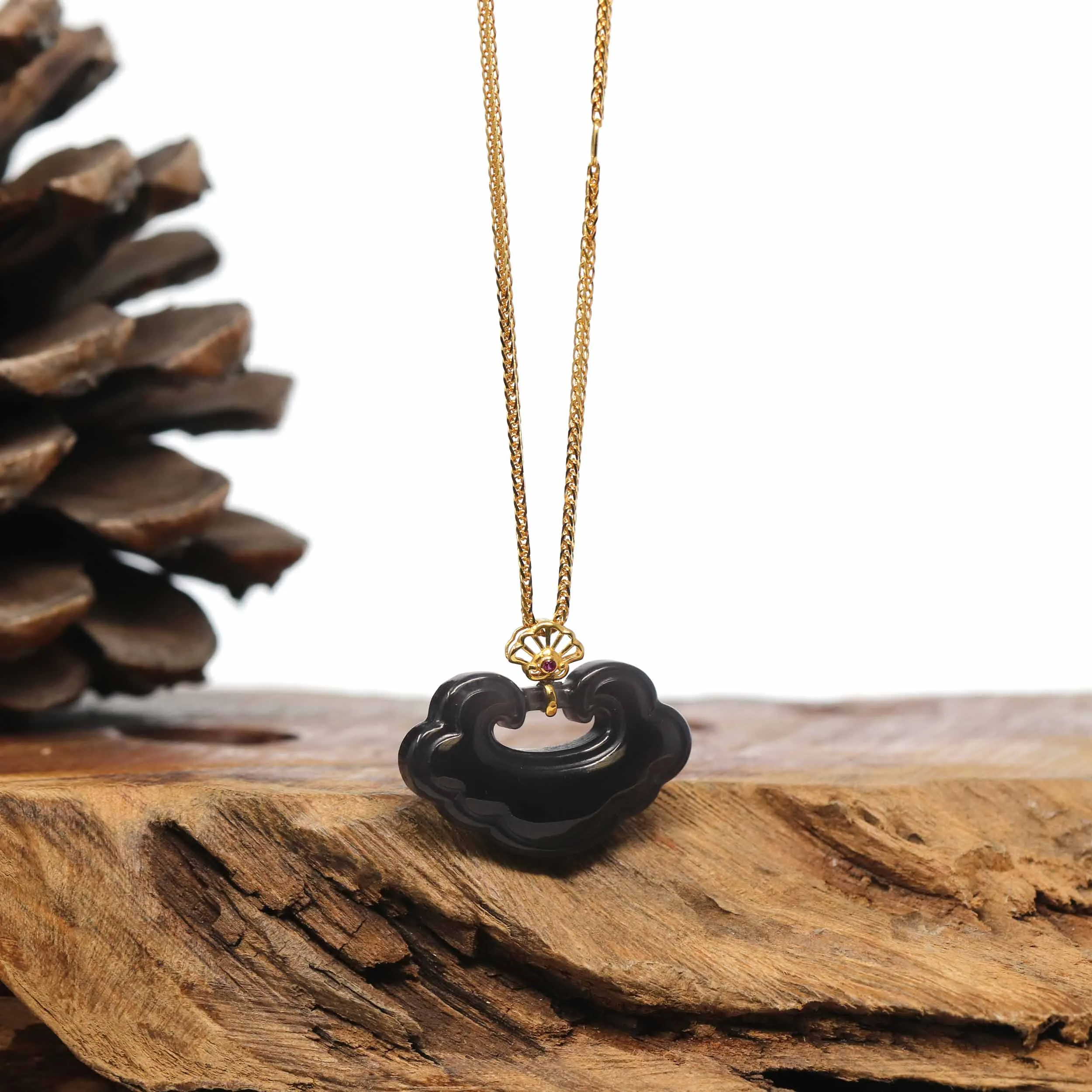 Genuine Smoky Purple Nephrite Jade RuYi Pendant Necklace With 18k Gold Bail