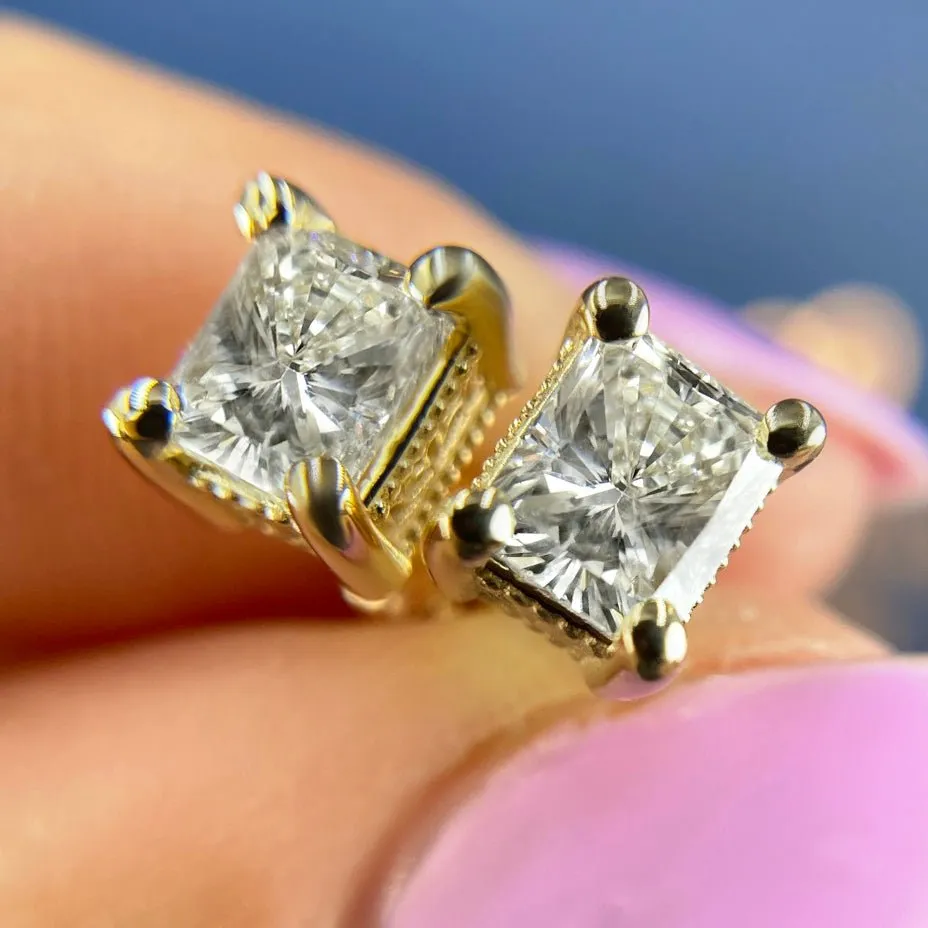 Glistening 1.00 CT Radiant Cut Diamond Stud Earrings in 14KT Yellow Gold