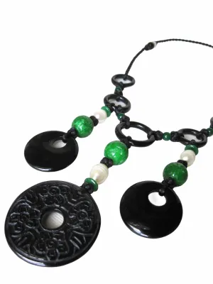 Green Carved Jade, Black Agate Carved Discs, Fresh Water Pearls, Black Chinese Knots Necklace