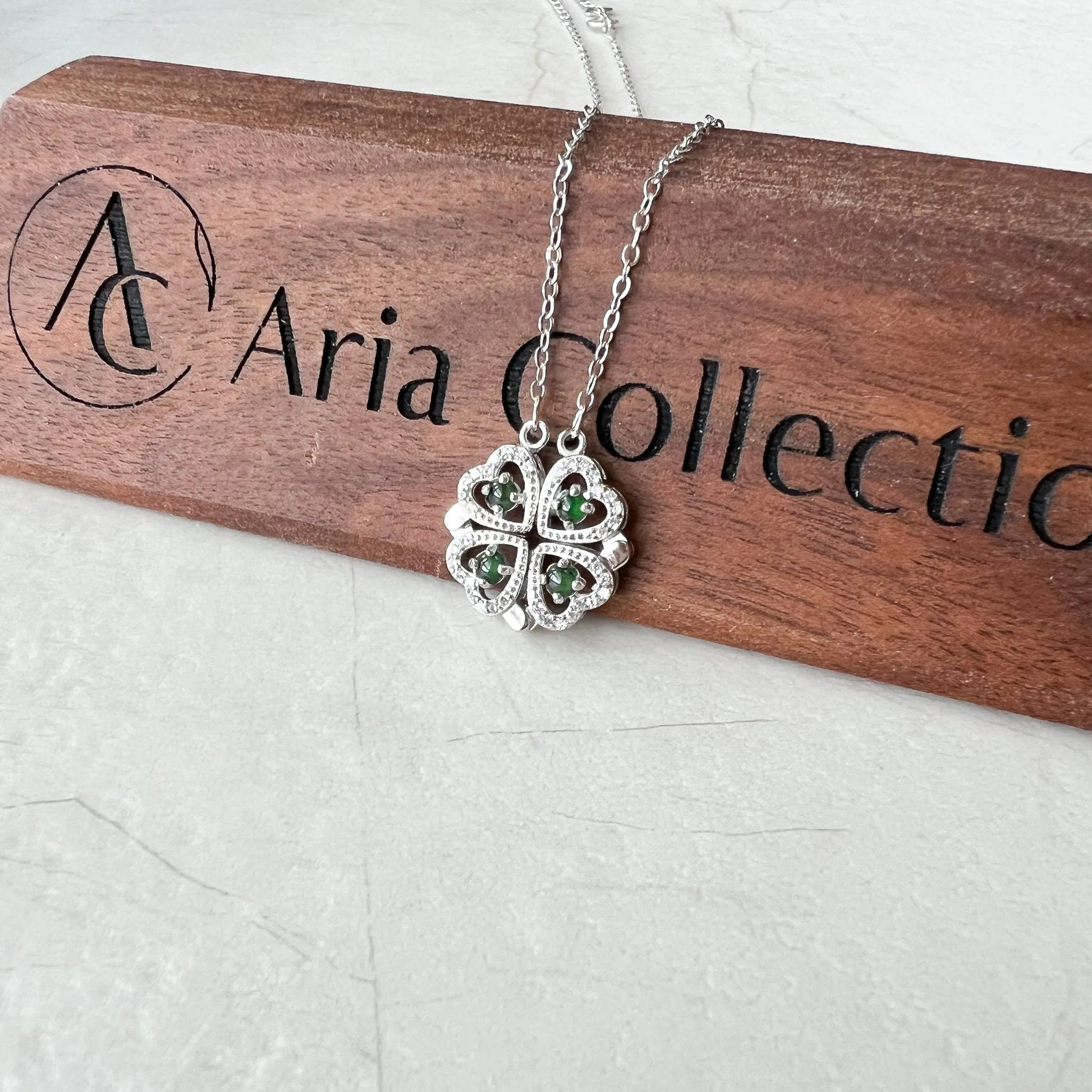 Green Four Leaf Clover Transform Jadeite Jade Sterling Silver Pendant, YZ-0422-0062801